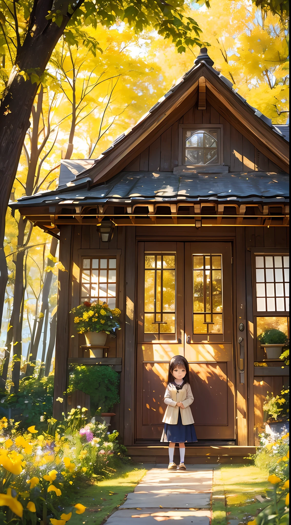 A serene image capturing a with her hands in her pockets, waiting for her mother to come home. The warm, golden sunlight filters through the leaves overhead, casting dappled hues on the child and illuminating the scene. The background features a flowing, brightly colored dappled atmosphere, with golden flowers and ferns framing the silhouette of a house with soft, golden lights. soft focus, telephoto lens, warm color palette --auto --s2