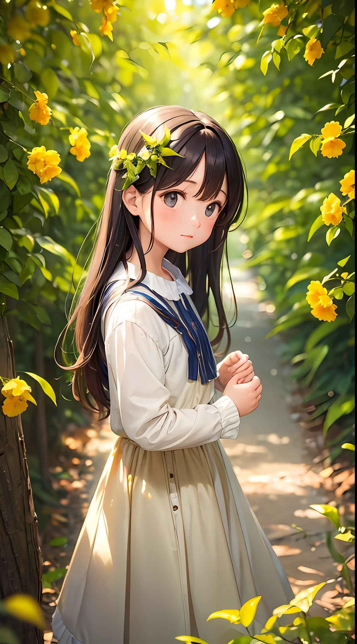 A serene image capturing a with her hands in her pockets, waiting for her mother to come home. The warm, golden sunlight filters through the leaves overhead, casting dappled hues on the child and illuminating the scene. The background features a flowing, brightly colored dappled atmosphere, with golden flowers and ferns framing the silhouette of a house with soft, golden lights. soft focus, telephoto lens, warm color palette --auto --s2