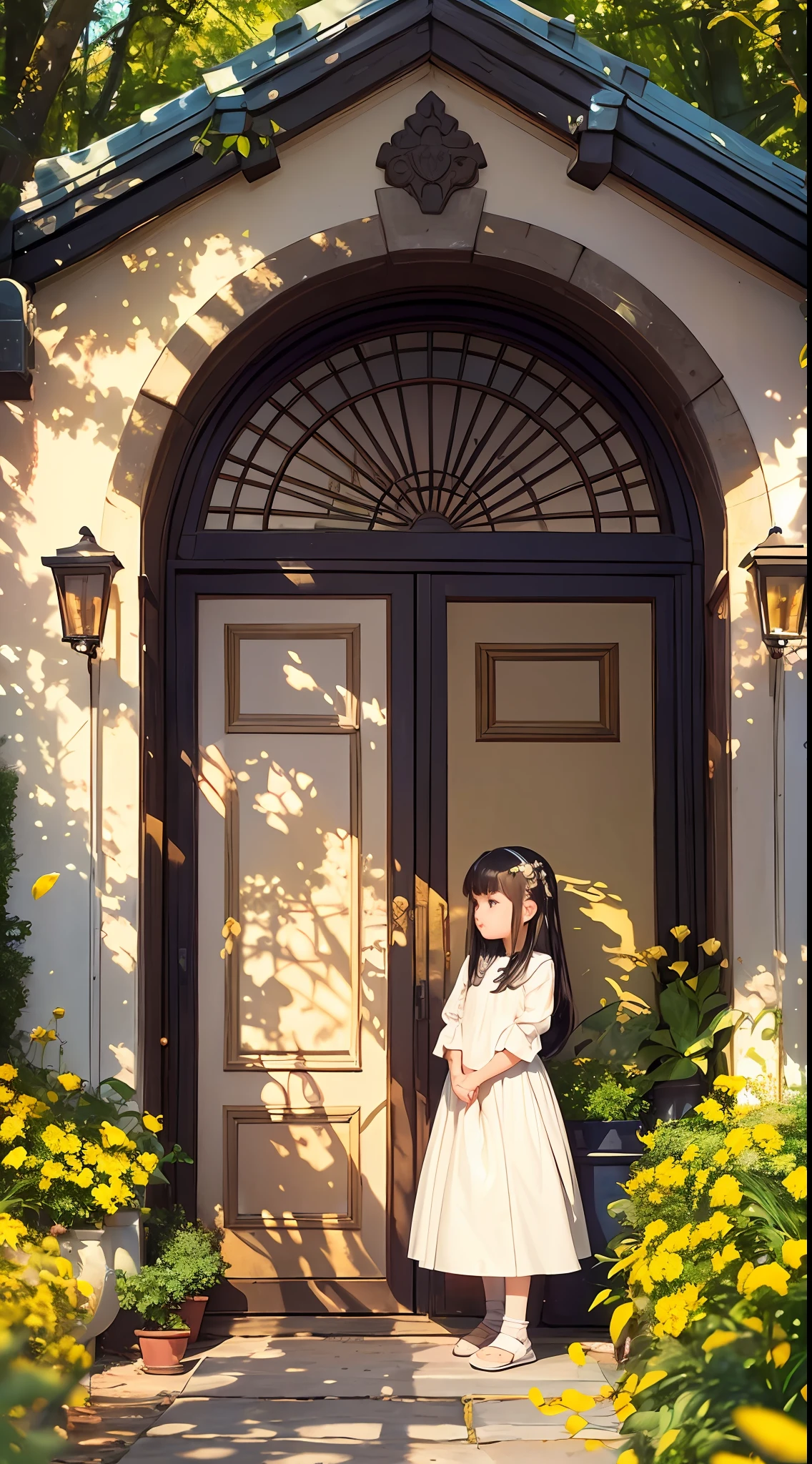 A serene image capturing a little girl with her hands in her pockets, waiting for her mother to come home. The warm, golden sunlight filters through the leaves overhead, casting dappled hues on the child and illuminating the scene. The background features a flowing, brightly colored dappled atmosphere, with golden flowers and ferns framing the silhouette of a house with soft, golden lights. soft focus, telephoto lens, warm color palette --auto --s2
