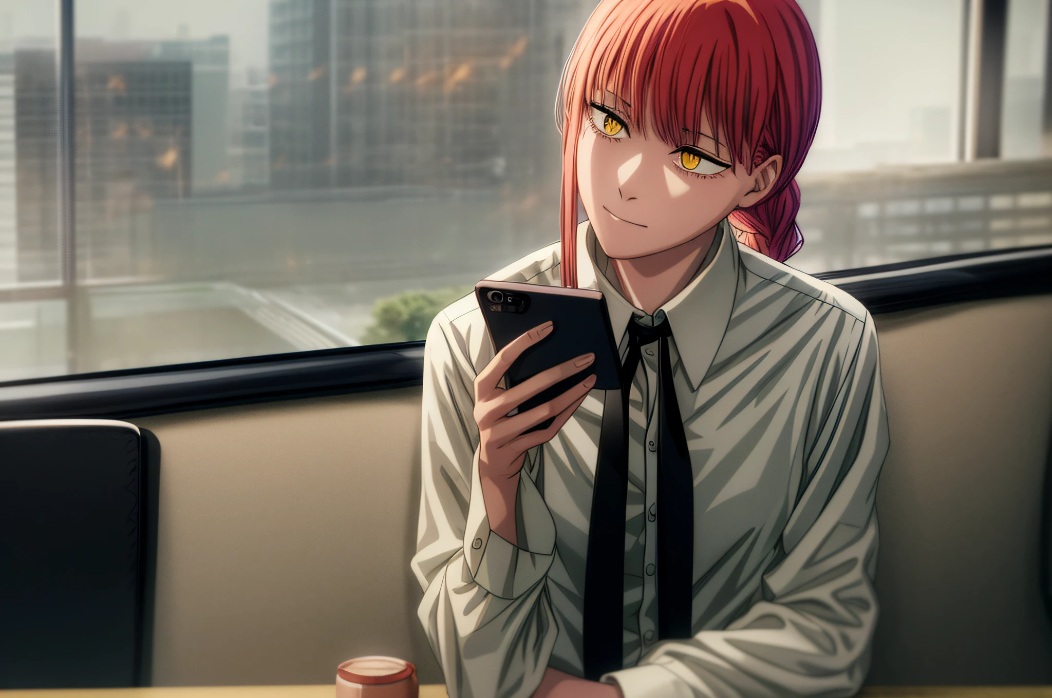 have a smartphone,smartphone,Background Airport,Big,Makima\(Chainsaw Man\), 1 Girl, Solo,Denji,Absurd, Bangs, Indoors, Black Tie, Black Pants, Braid, Braided Ponytail, Collared Shirt, Cowboy Shot, Hi-Res, Long Hair, Long Sleeve, Tie, Red Hair, Ring Eyes, Sidelock, Solo, Uniform, White Shirt, Yellow Eyes, Small,Sitting, looking at smartphone
