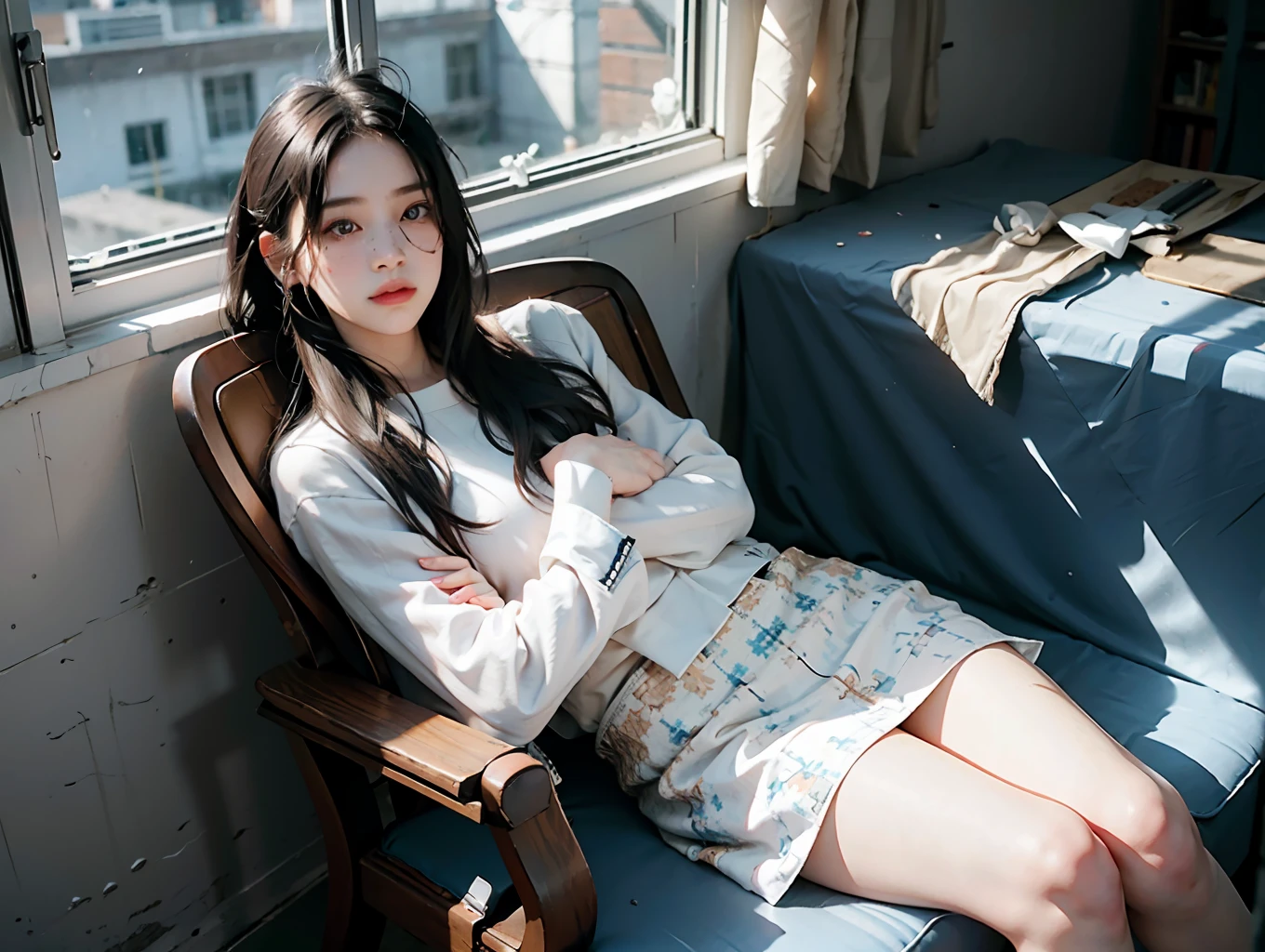 RAW photo, dynamic angle, highly detailed, soft light, 1girl, , full body, pale skin, korean, 14 years old, mad, in public chair, black hair, bright blue eyes, freckles, head tilted, cinematic lighting, motion blur, god rays, reflection light, ray tracing, 85mm, Nikon 8k, masterpiece