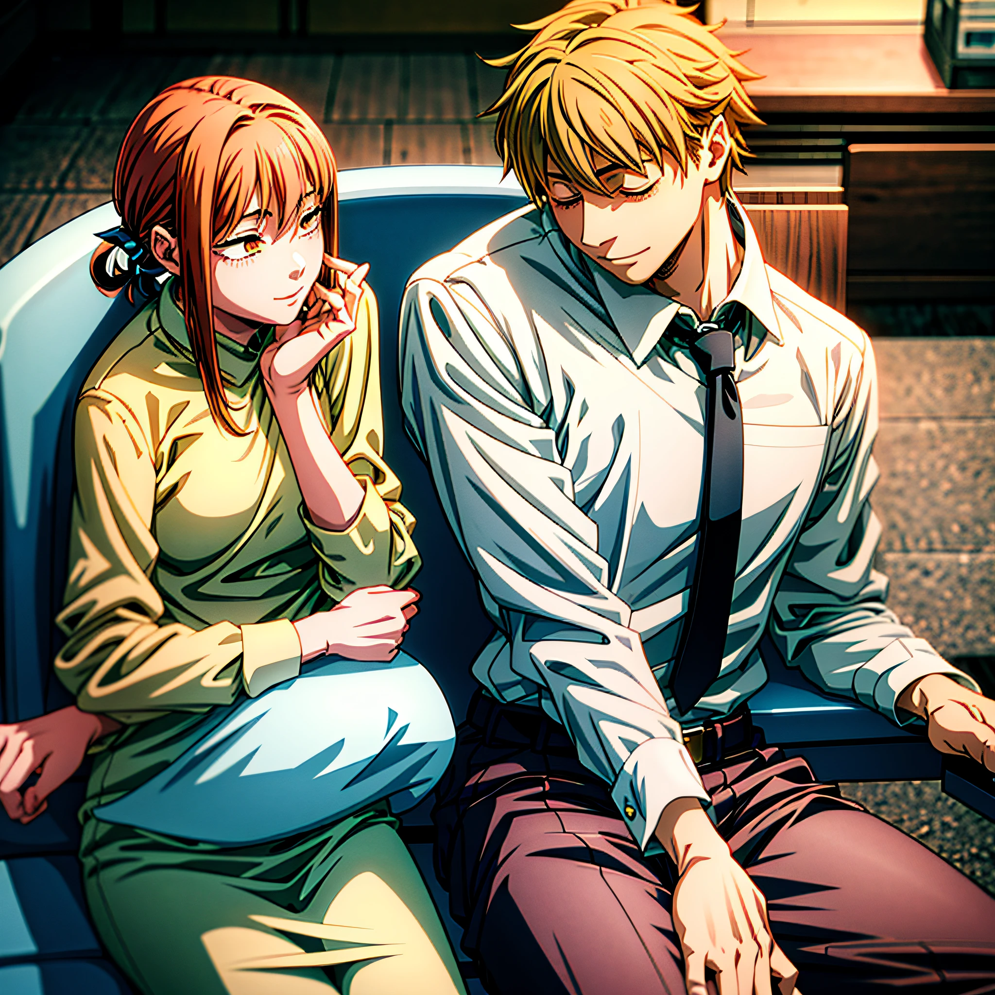 1girl,1boy,sitting,sit next to,Lined up,on a chair,(denji:1.5),kiss