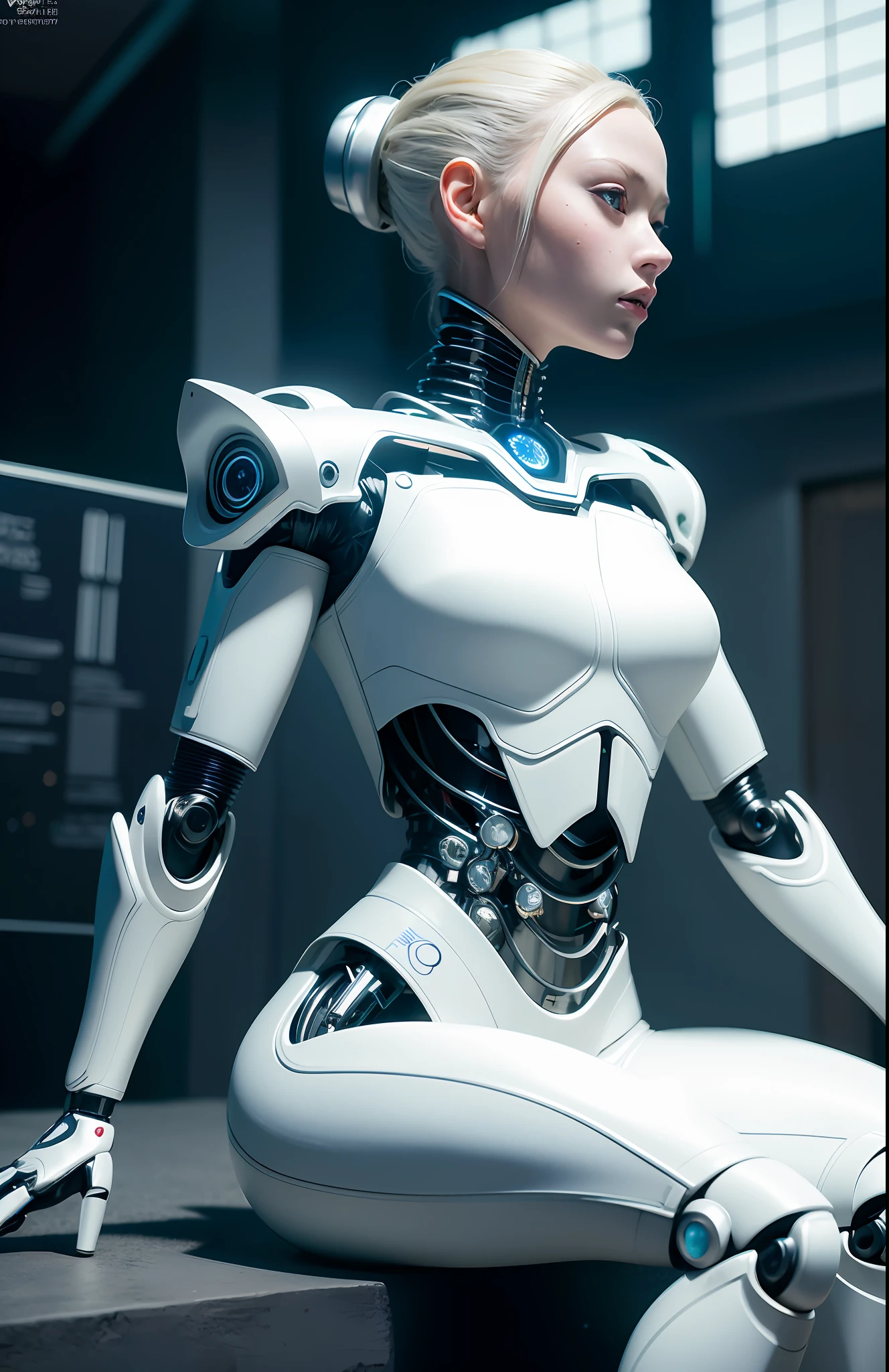 Complex 3d rendering ultra detailed beautiful porcelain profile female android face, cyborg, robot parts, 150mm, beautiful studio soft light, rim light, vivid detail, gorgeous cyberpunk, lace, surreal, anatomical, facial muscles, human arm, cable wire, microchip, elegant, beautiful background, octane rendering, hr giger style, 8k, best quality, masterpiece, illustration, very delicate and beautiful, highly detailed, cg, uniform, wallpaper, ( realistic, photorealistic: 1.37), fantastic, elaborate, masterpiece, best quality, official art, highly detailed cg unity 8k wallpaper, robot, full body, sit