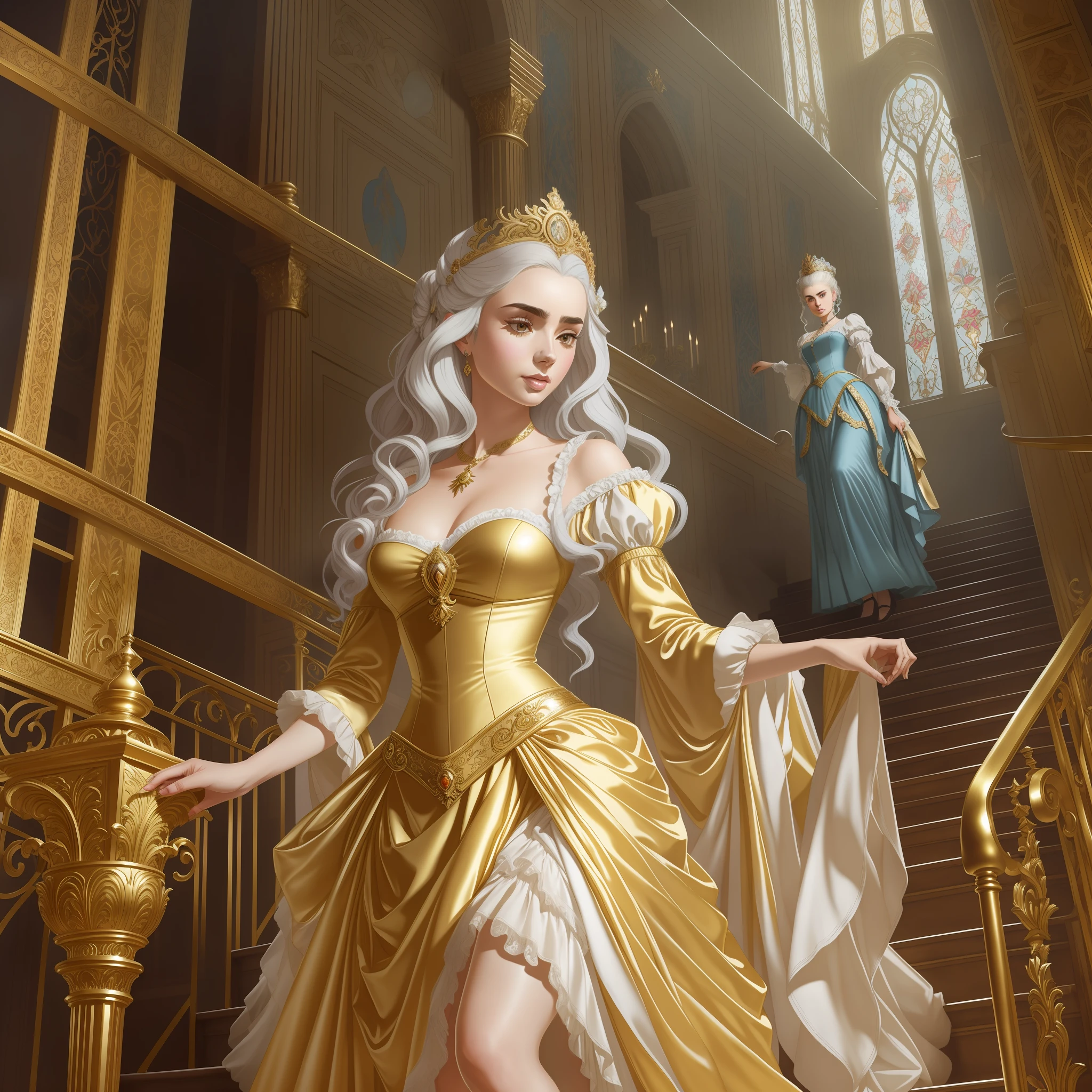 Lily Collins with white hair with Marie Antoinette's hairstyle, wearing a super detailed golden medieval dress with long sleeve and gloves, diamond tiara, descending the stairs from inside a palace in the hall where a costume ball with various ladies and knights takes place illustration is detailed, soft and shiny, art by Greg Hildebrandt, Citemer Liu, Stjepan Sejic, Samyang , Aykut Aydogdu, Justin Gerard, Alphonse Mucha, Artgerm, WLOP and Greg Rutkowski