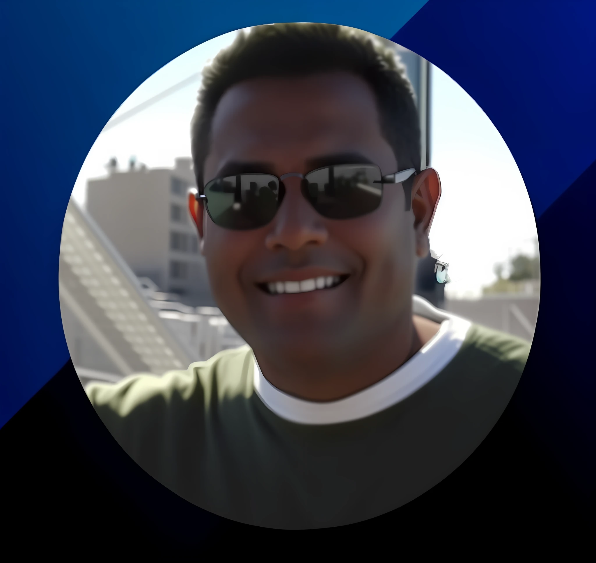 Man in sunglasses and a green shirt smiling for a photo, profile picture with white background