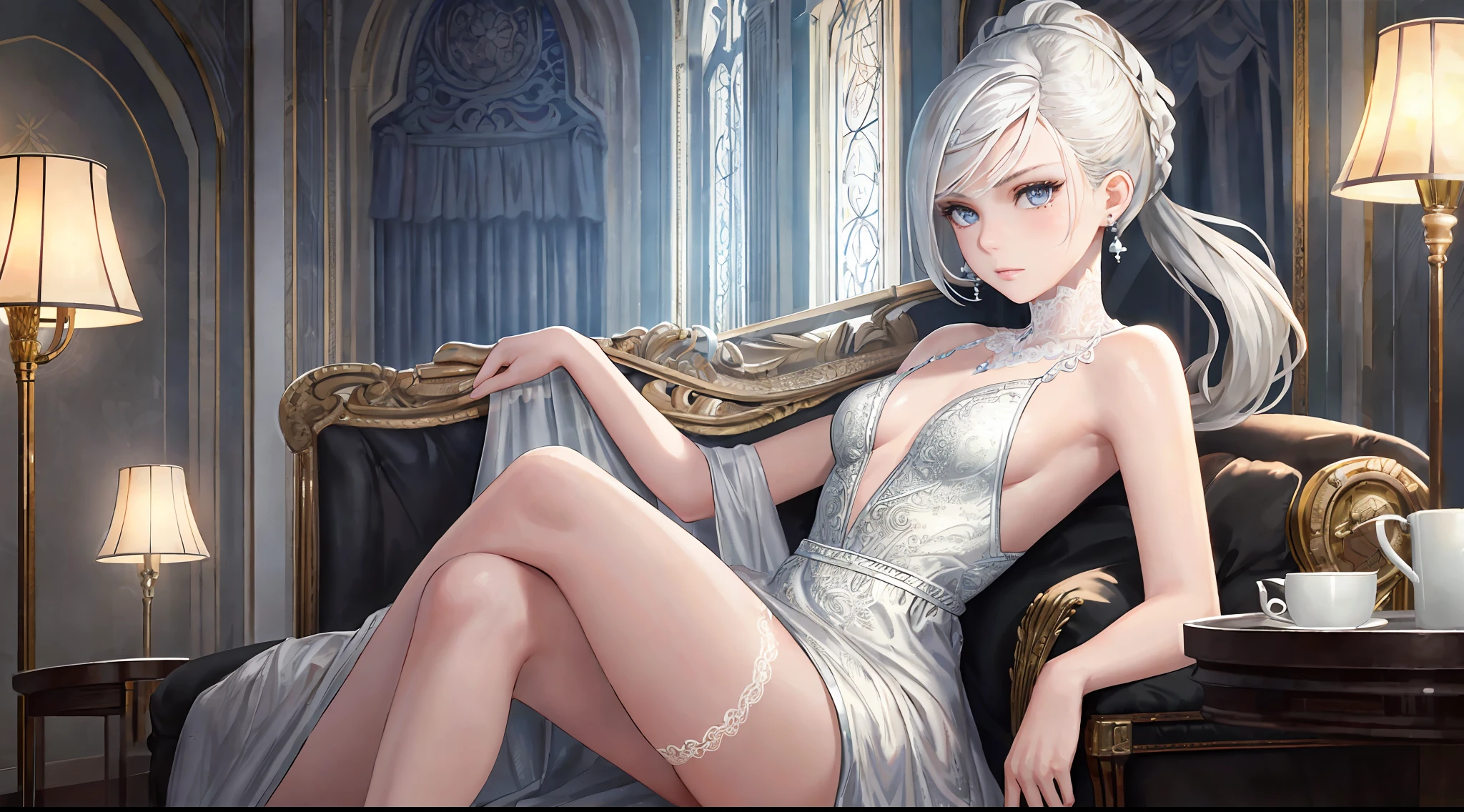 (best quality, masterpiece: 1.2), ultra-high resolution, realistic, front lighting, intricate details, exquisite details and textures, 1girl, solo, (young), face illumination, full body, detailed face, tear mole, white skin, silver hair, ponytail, pigtail hair, looking at the viewer, big eyes, silk robe, (hollow pattern, white, silk), earrings, small breasts, slim body, luxury room, professional lighting, photon display, radio, physical rendering