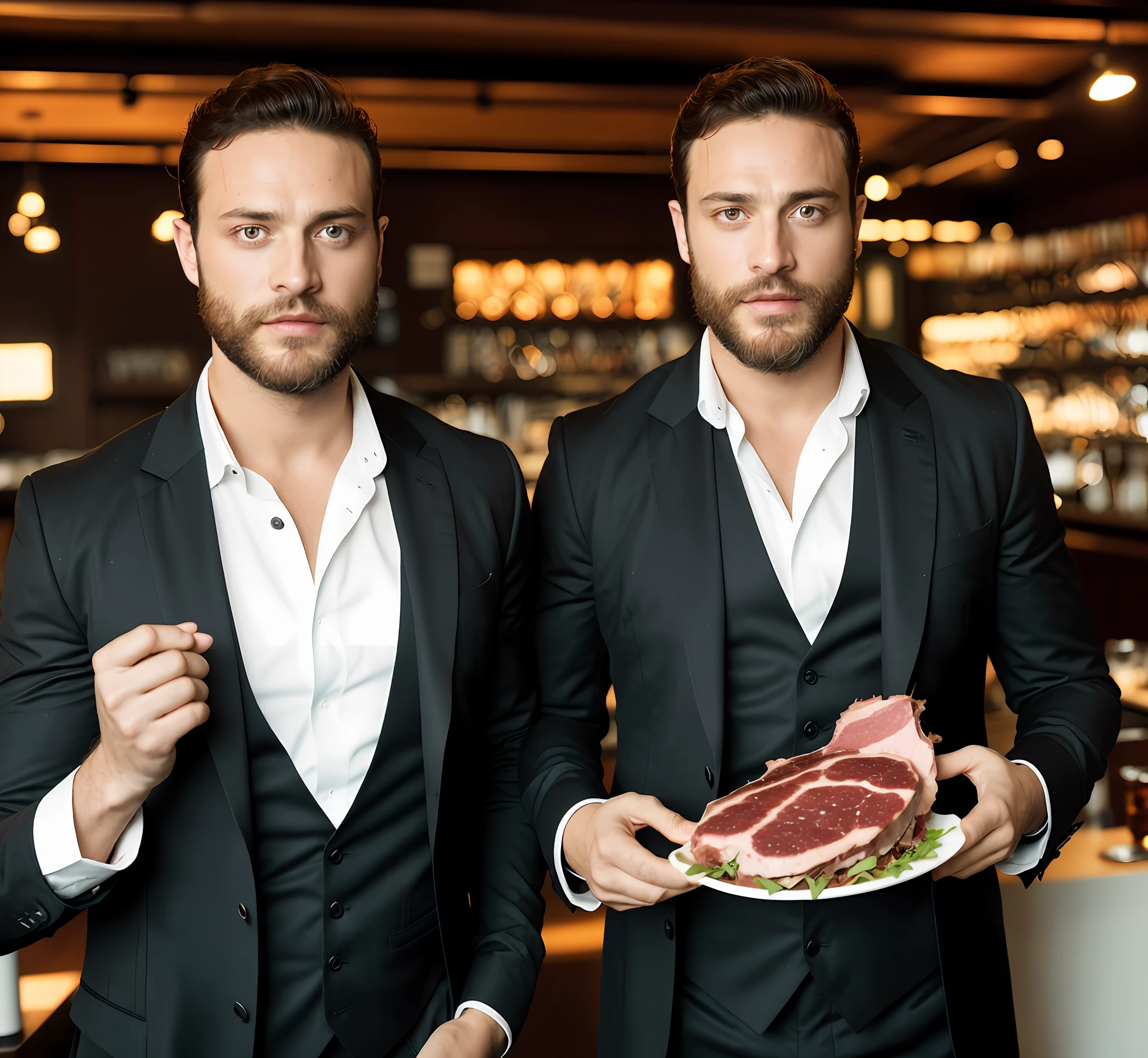 (create ceo wearing black suit alone holding a piece of meat), (brunette tanned with the face of model), with thick and masculine eyebrows, man style secret agent 007, (with mysterious and sensual countenance,) (wearing beard, ) short dark hair, stylish and elegant, body shaved and strong fit in the suit, show body, man similar to actor jamie dornan, (high quality and realistic image), in a restaurant, cinematic style, ((Best quality, 8k, Masterpiece), alone in photo