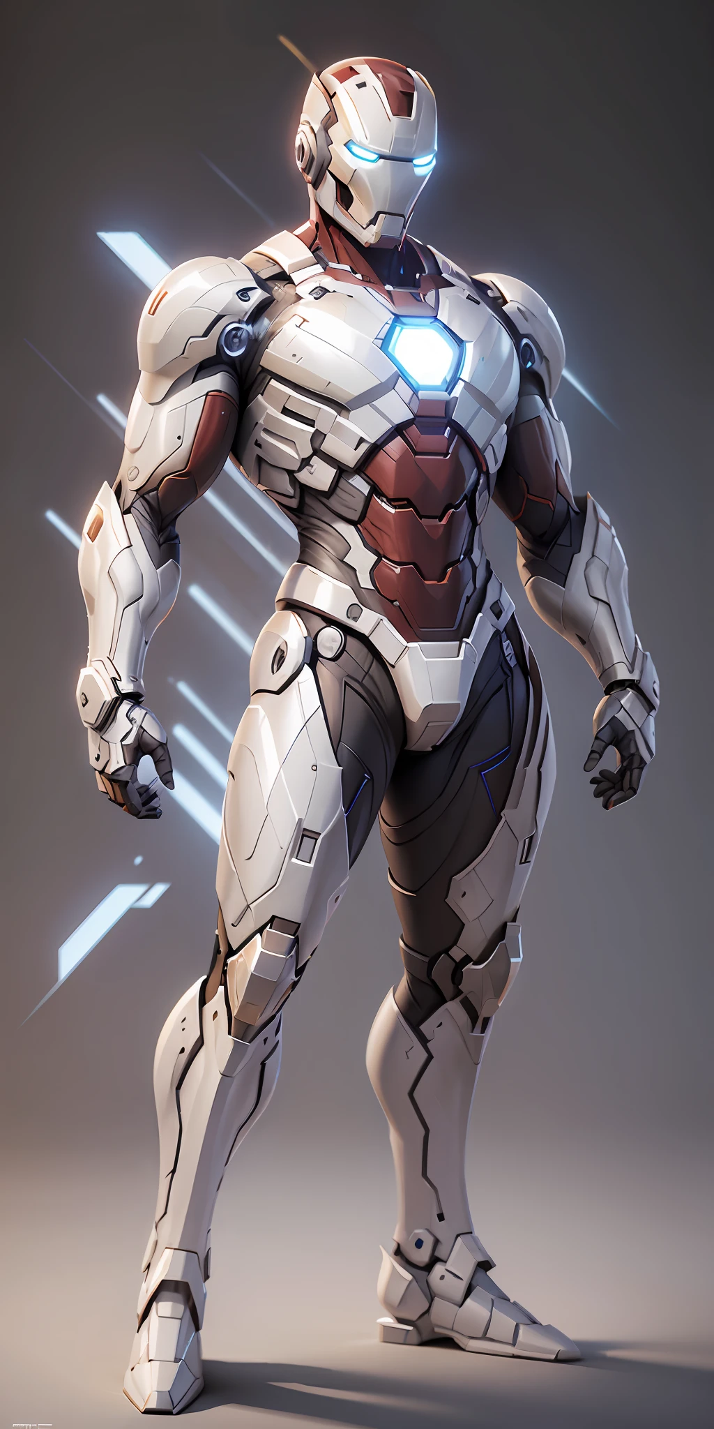 White Iron Man from Marvel, frontal, full-length, looking at the camera, facing the audience, standing pose, simple background, three-dimensional light, detailed full-body concept, sleek digital concept art, beautiful full-body concept art, art trend, CGsociety full-length,