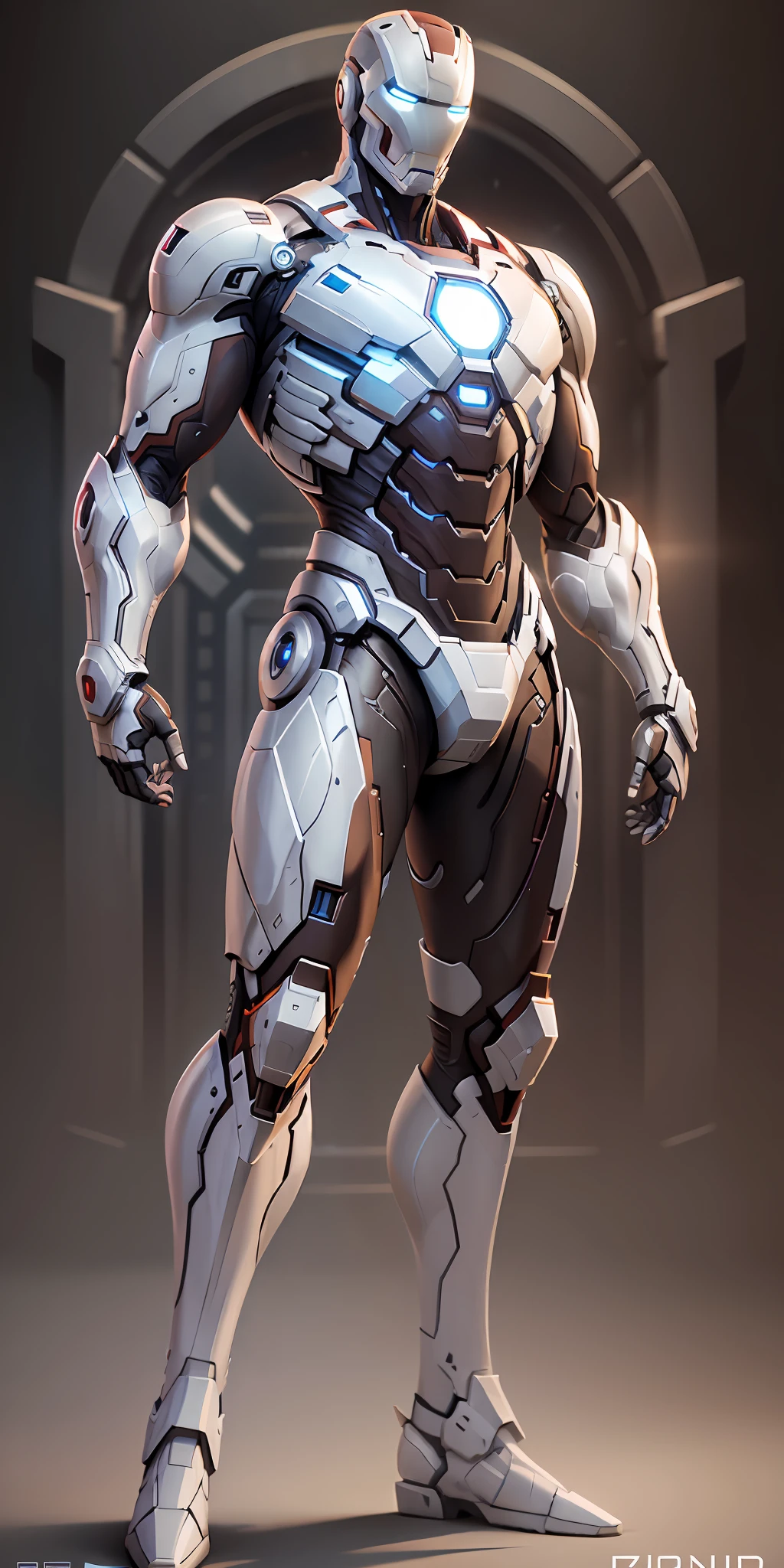 White Iron Man from Marvel, frontal, full-length, looking at the camera, facing the audience, standing pose, simple background, three-dimensional light, detailed full-body concept, sleek digital concept art, beautiful full-body concept art, art trend, CGsociety full-length,