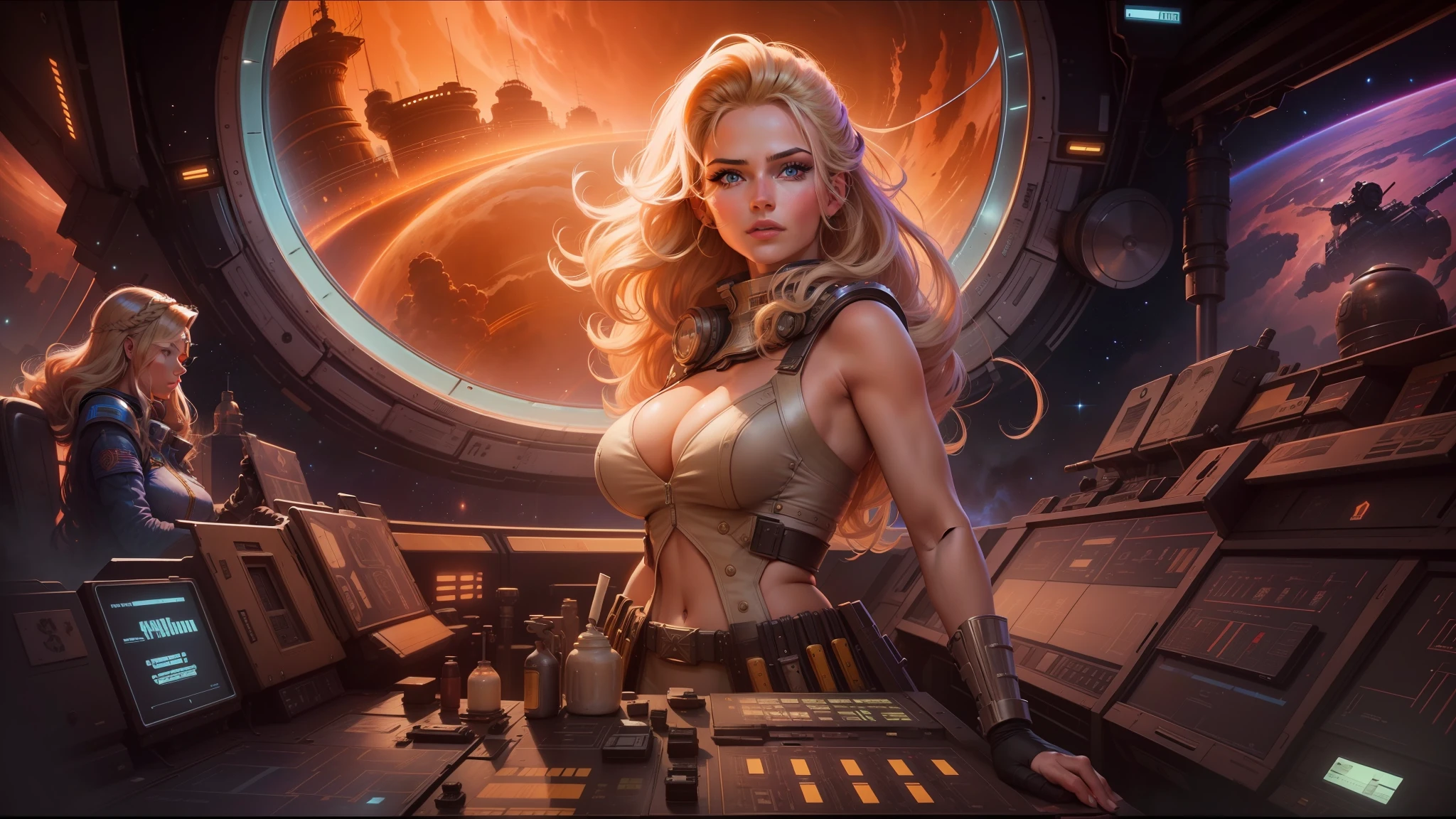 painting of a woman in a space station with a clock in the background, a sexy blonde warrior, 1 9 7 0 s female alive, panoramic widescreen view, inspired by Johfra Bosschart, ship control panel close-up, big hair, 2 0 2 0 s promotional art, art of aaron hain, sfw huge breasts, youtube thumbnail, hollywood promotional image --ar 16:9 --v 5.1