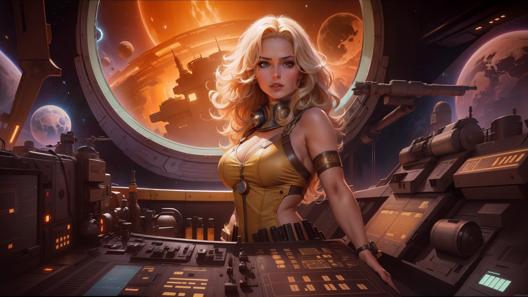 painting of a woman in a space station with a clock in the background, a sexy blonde warrior, 1 9 7 0 s female alive, panoramic widescreen view, inspired by Johfra Bosschart, ship control panel close-up, big hair, 2 0 2 0 s promotional art, art of aaron hain, sfw huge breasts, youtube thumbnail, hollywood promotional image --ar 16:9 --v 5.1