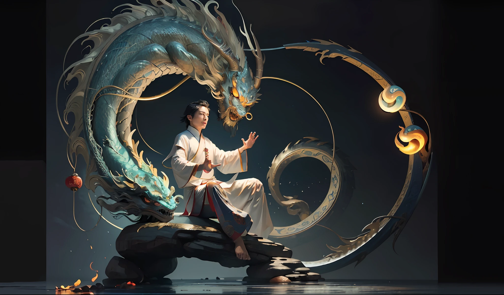 (harmony, balance, yin and yang), Chinese silk painting, Tai Chi principles, fluid movement, interrelated elements, interplay of contrasting forces, Taoist philosophy, touches of the I Ching, warm and cool tones, art of reflection, inspiration by Laozi, Zhuangzi, Yin-Yang Diagram, Tai Chi Diagram, Bagua Diagram, Unity of Spirit and Body, 1 attractive boy, 1 girl, ultra realistic face, highly detailed eyes, Solo, Taoism, Summoning Magic, Movie Lighting, Fire and Ice Split, Bagua Background, Circle Bagua, Yiyang, Taoist Practice, Meditation Sitting, Buddha Sitting, Spiral Dragon, Top Cloud Dragon,