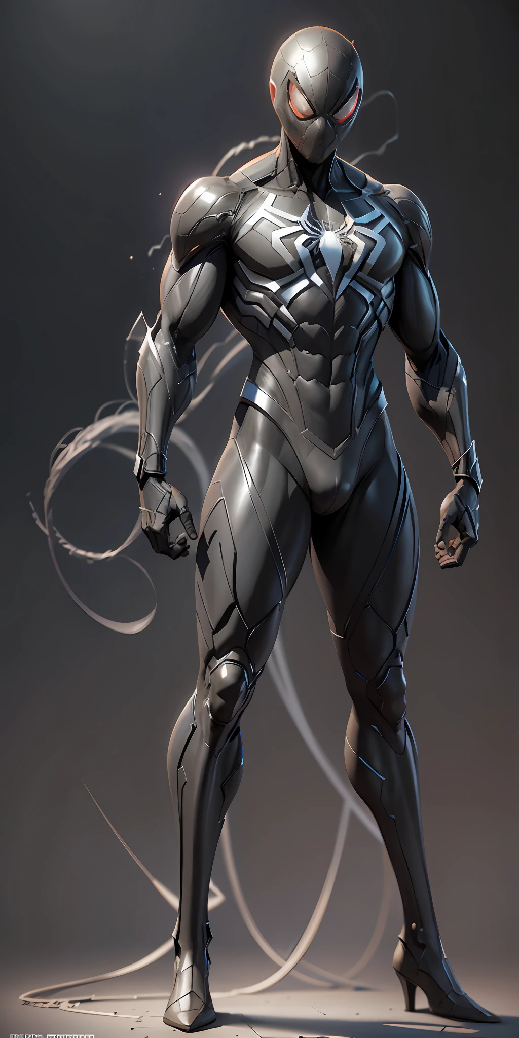 Black Spider-Man from Marvel, frontal, full-length, looking at the camera, facing the audience, standing pose, simple background, three-dimensional light, detailed full-body concept, sleek digital concept art, beautiful full-body concept art, art trend, CGsociety full-length,