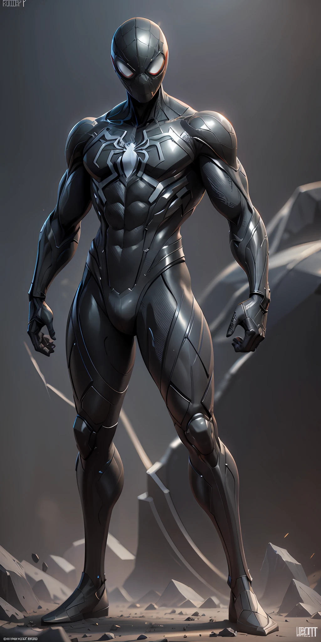 Black Spider-Man from Marvel, frontal, full-length, looking at the camera, facing the audience, standing pose, simple background, three-dimensional light, detailed full-body concept, sleek digital concept art, beautiful full-body concept art, art trend, CGsociety full-length,