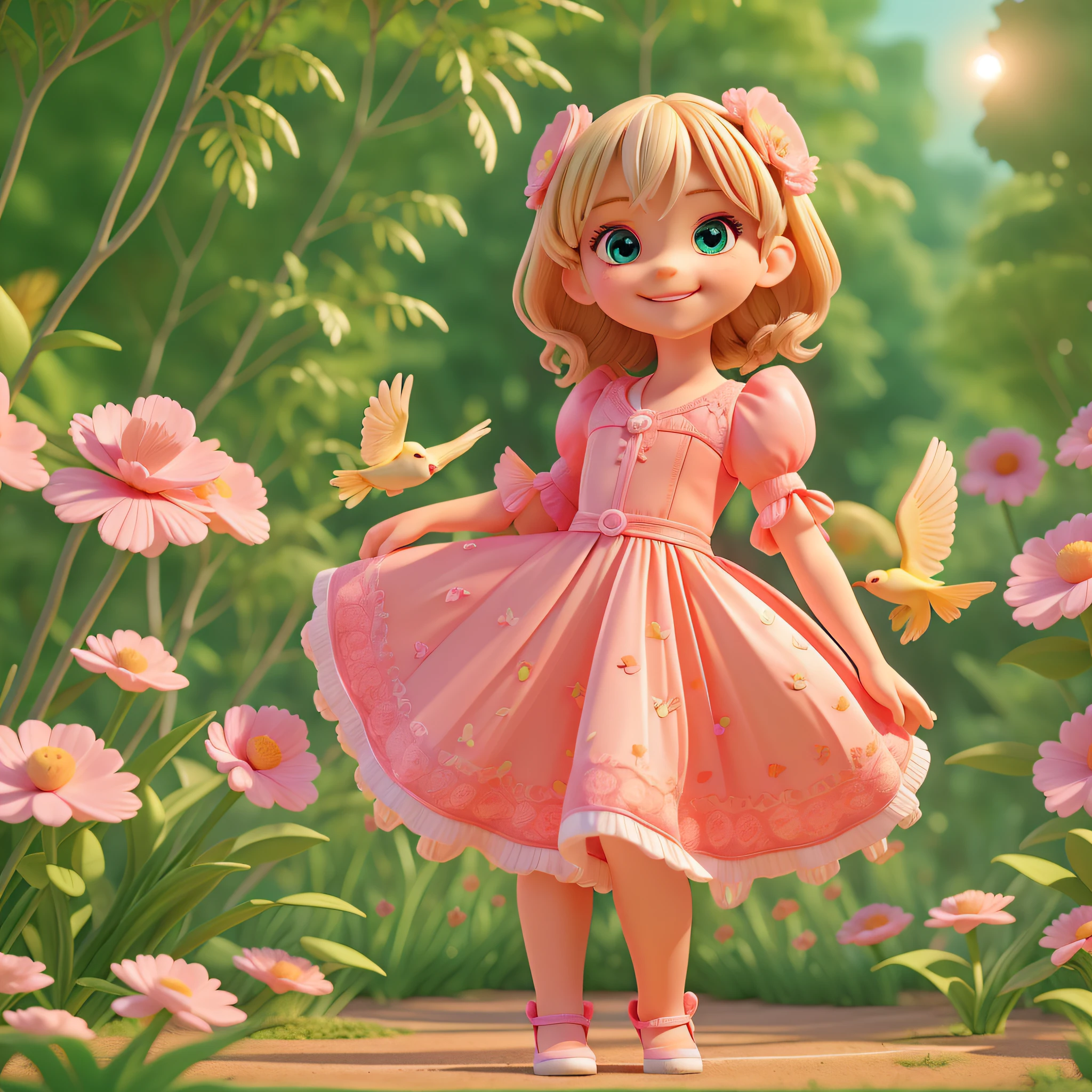 (a child, 4 years old smiling), beautiful face, sunlight, cinematic light, beautiful child, beautiful eyes, smile, perfect anatomy, (full body), centered image, stylized, bioluminescence, full size 8, 8k resolution, pink details, human hands, full of admiration, elegant, approaching perfection, dynamic, highly detailed, character sheet, concept art, smooth, looking directly at the birds on the tree, Her body is symmetrical and balanced, incredibly beautiful child, detailed hairstyle, full body shot, character sheet, lightning, 3d, cgi, bright neon, pink dress, garden with trees, birds flying, with radiant sun.