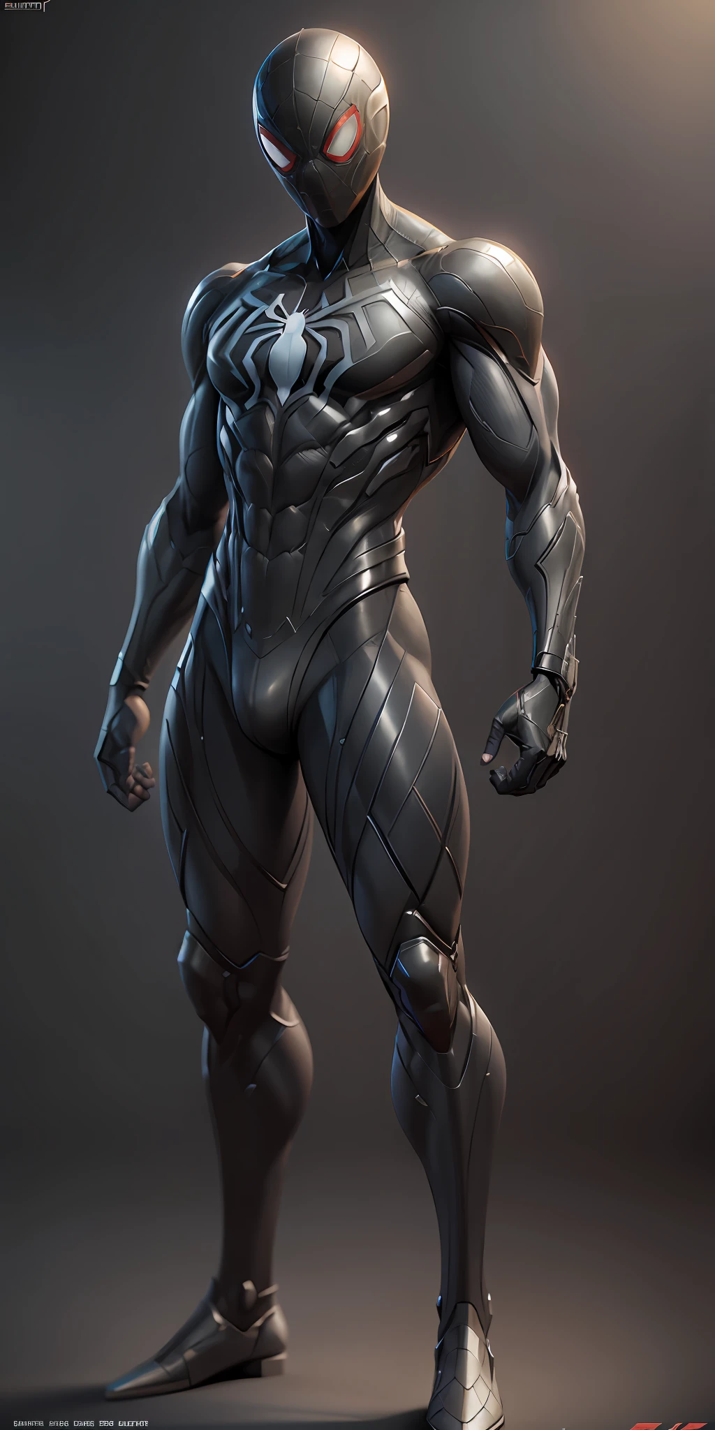 Black Spider-Man from Marvel, frontal, full-length, looking at the camera, facing the audience, standing pose, simple background, three-dimensional light, detailed full-body concept, sleek digital concept art, beautiful full-body concept art, art trend, CGsociety full-length,
