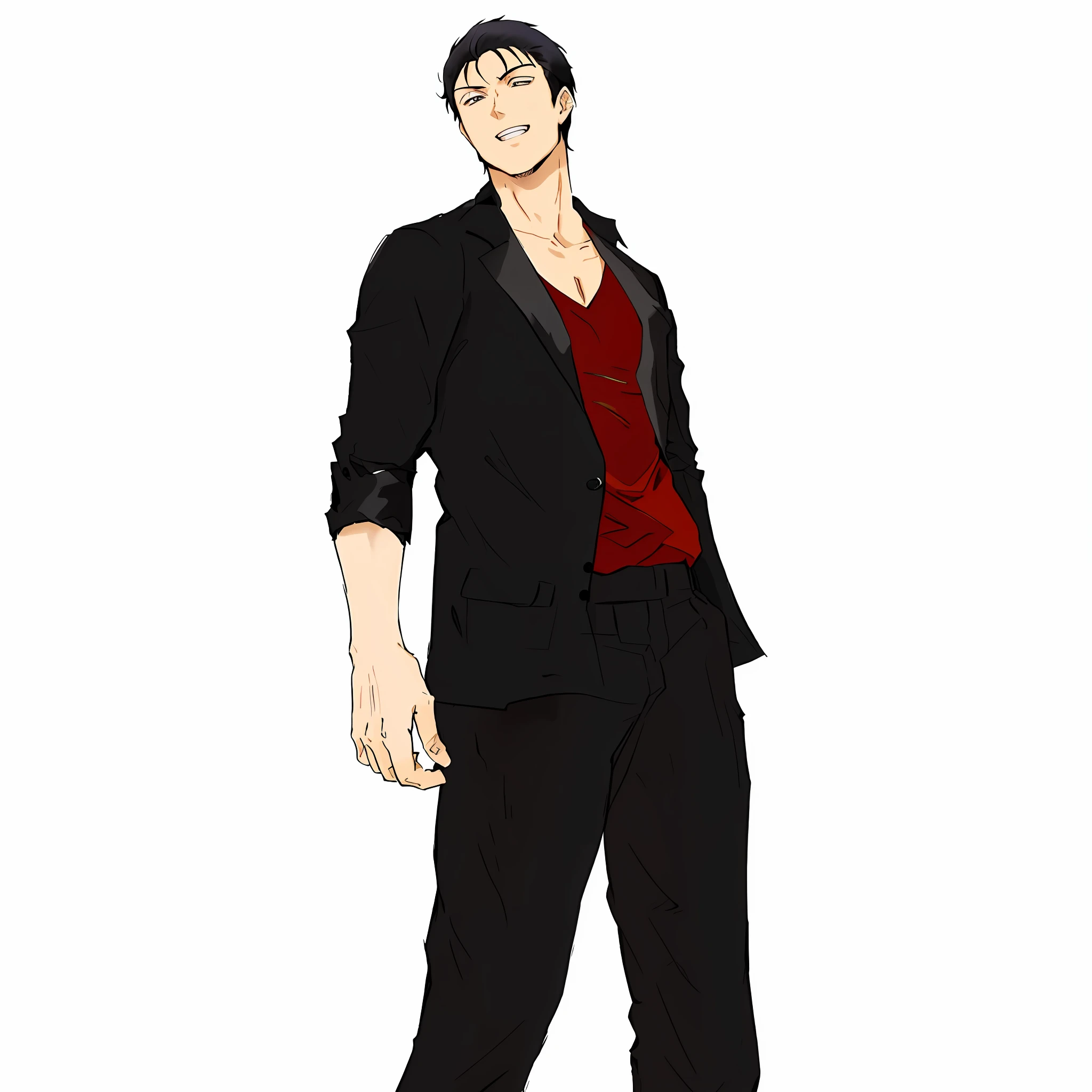 a cartoon of a man in a suit and red shirt, single character full body, full body single character, anime style character, !!full body portrait!!, kentaro miura art style, male anime character, cowboy bebop anime style, cowboy bebop art style, kentaro miura style, evil standing smiling pose, in style of kentaro miura