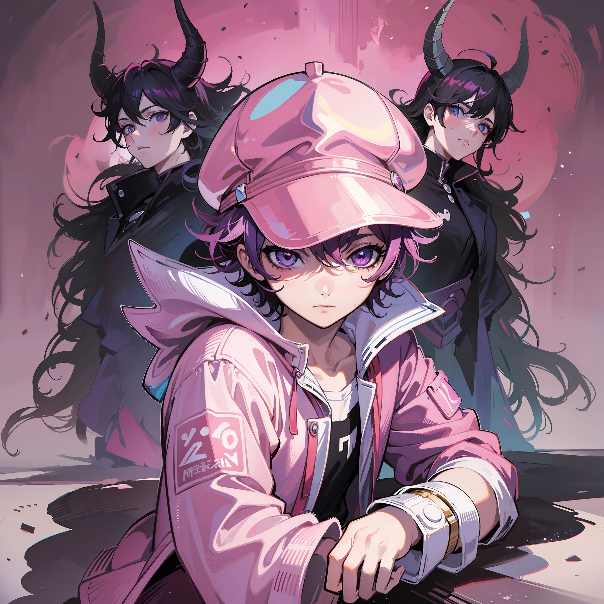 (masterpiece, superior quality, best quality) Unreal Engine 5 .1 , 1 boy, anime character with pink jacket, pink hat and white horns, crouched, pink iconic character, kentaro miura manga art style, high quality fanart, danganronpa digital art, lowres, demon boy, comic art, inspired by Jamie Hewlett, vibrant fan art, anato finnstark!!, official art, high quality colorful sketch