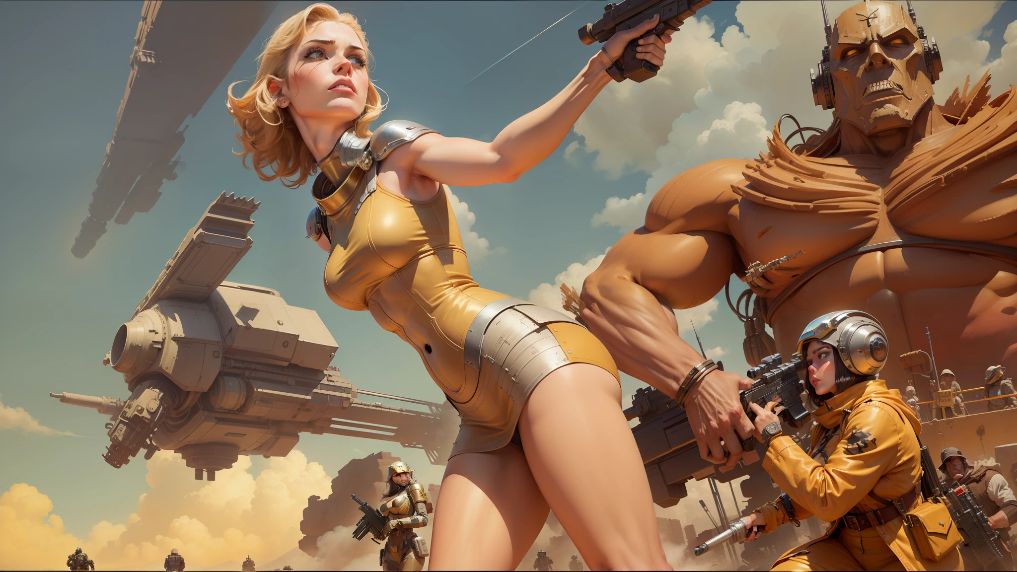 there is a woman holding a gun and a robot in the background, heavy two tone shading, movie illustration, colossal robot, inspired by Saul Tepper, wearing golden armor, barbarella, movie screenshot, reduce character duplication, high resolution print, big computer, disney steampunk, filmatic, walking with a robot, fighting fantasy, turrets --ar 16:9 --v 5.1