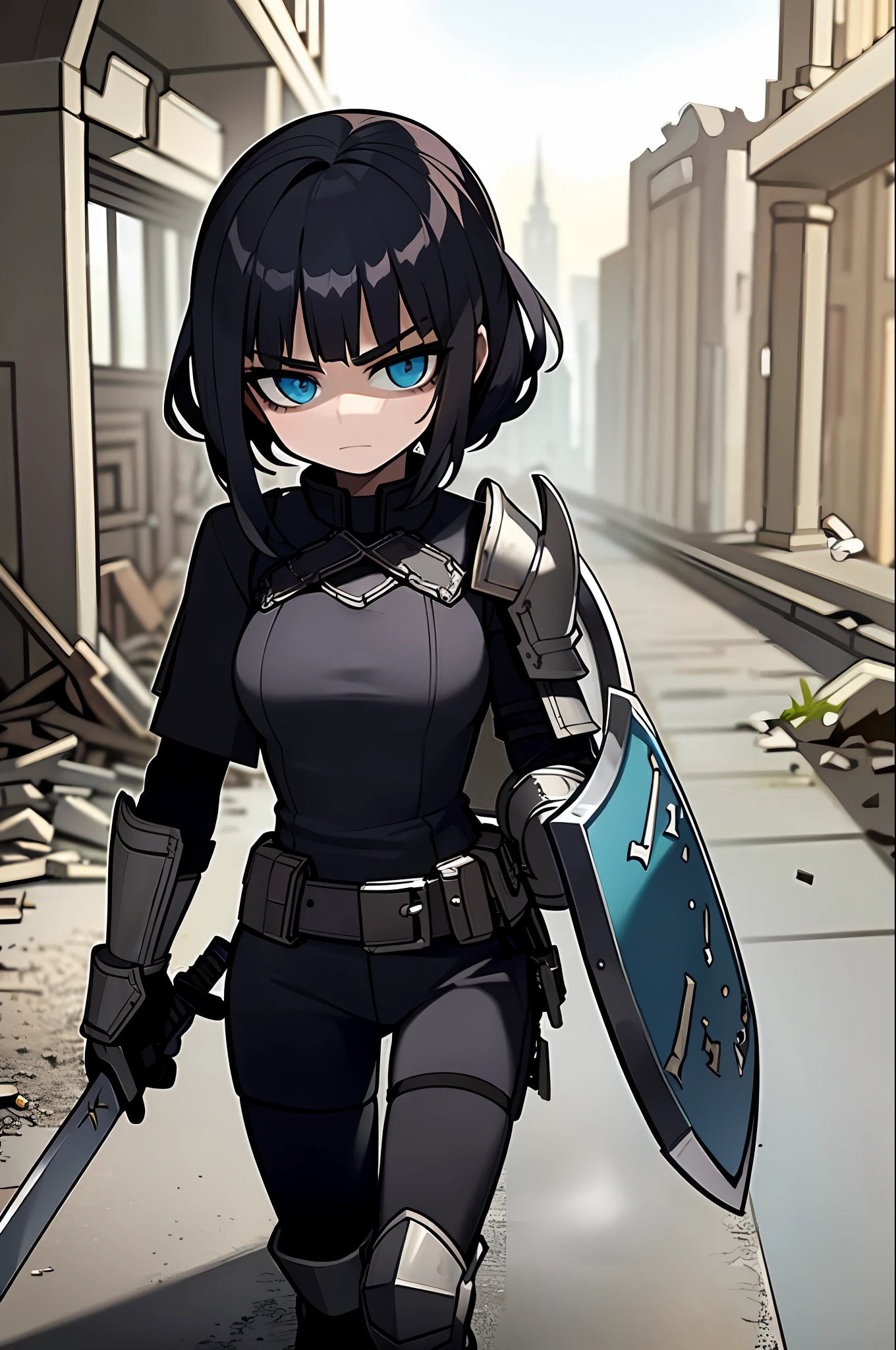 ((masterpiece, best quality)), (1girl), (solo), (female focus), (ruins, abandoned, abandoned, desolate, dilapidated, decadent, post-apocalyptic, wasteland, dystopian: 1.25), fantasy, (armor :1.0), (sword:1.2), (shield:1.4), black hair, blue eyes, black skin, sacred sword, chivalry, knights