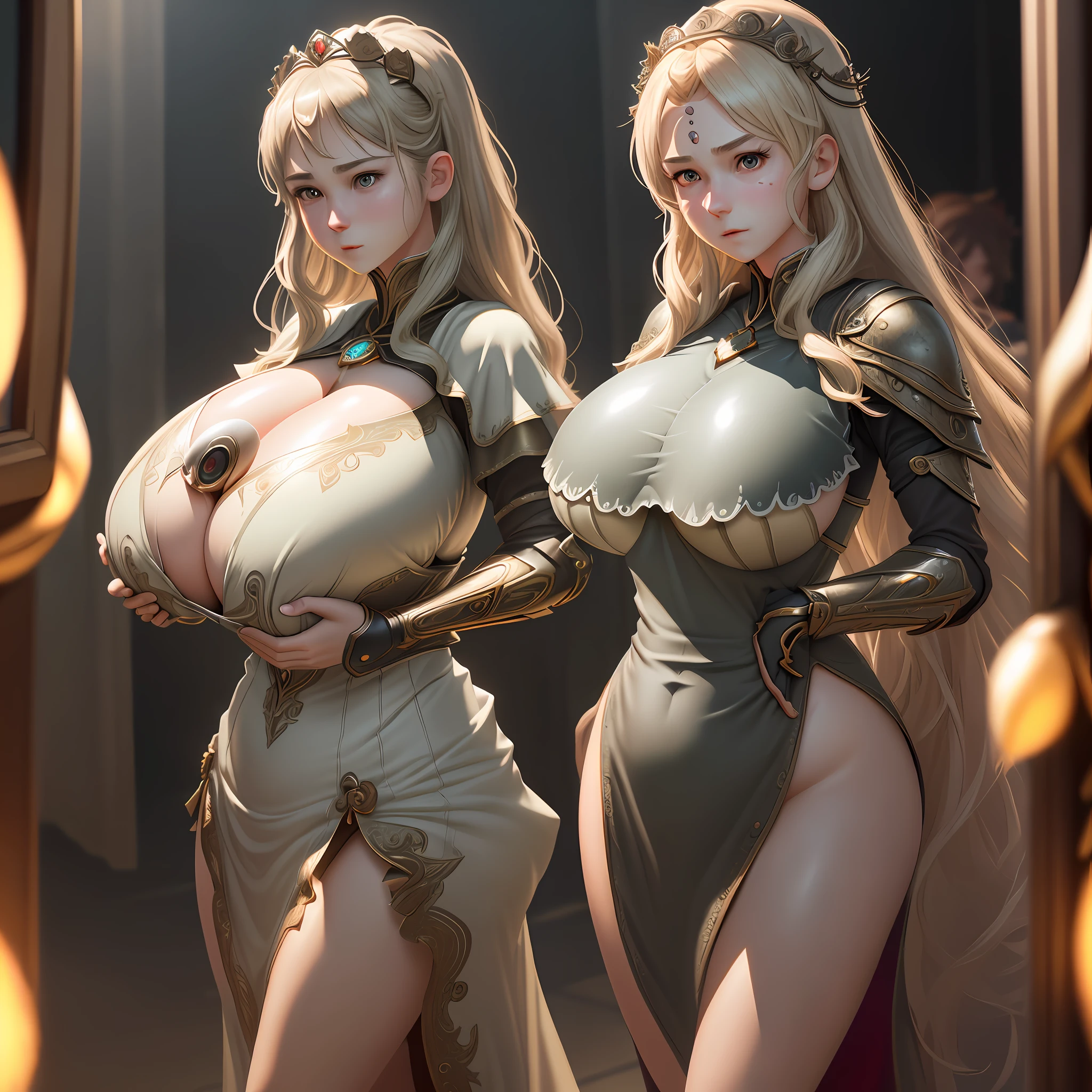 Breasts bigger than torso, huge breasts, crazy swollen breasts, super long hair, long legs, detailed face, very detailed skin, (oppai:1.9) breast size, chest shot up, sexy costume dress, bright colors, concerned facial expressions, (realistic: 1.5), shiny skin, octane rendering, (unparalleled masterpiece, ultra-realistic 8k CG, dramatic, ray tracing, HDR:1.2), (best quality), fantasy, atmospheric, extremely detailed, intricate, Ultra-detailed, harsh lighting, (mirror illumination: 1.4), (realistic face: 1.2), (skin dents: 1.3), (1 girl: 1.4), ()