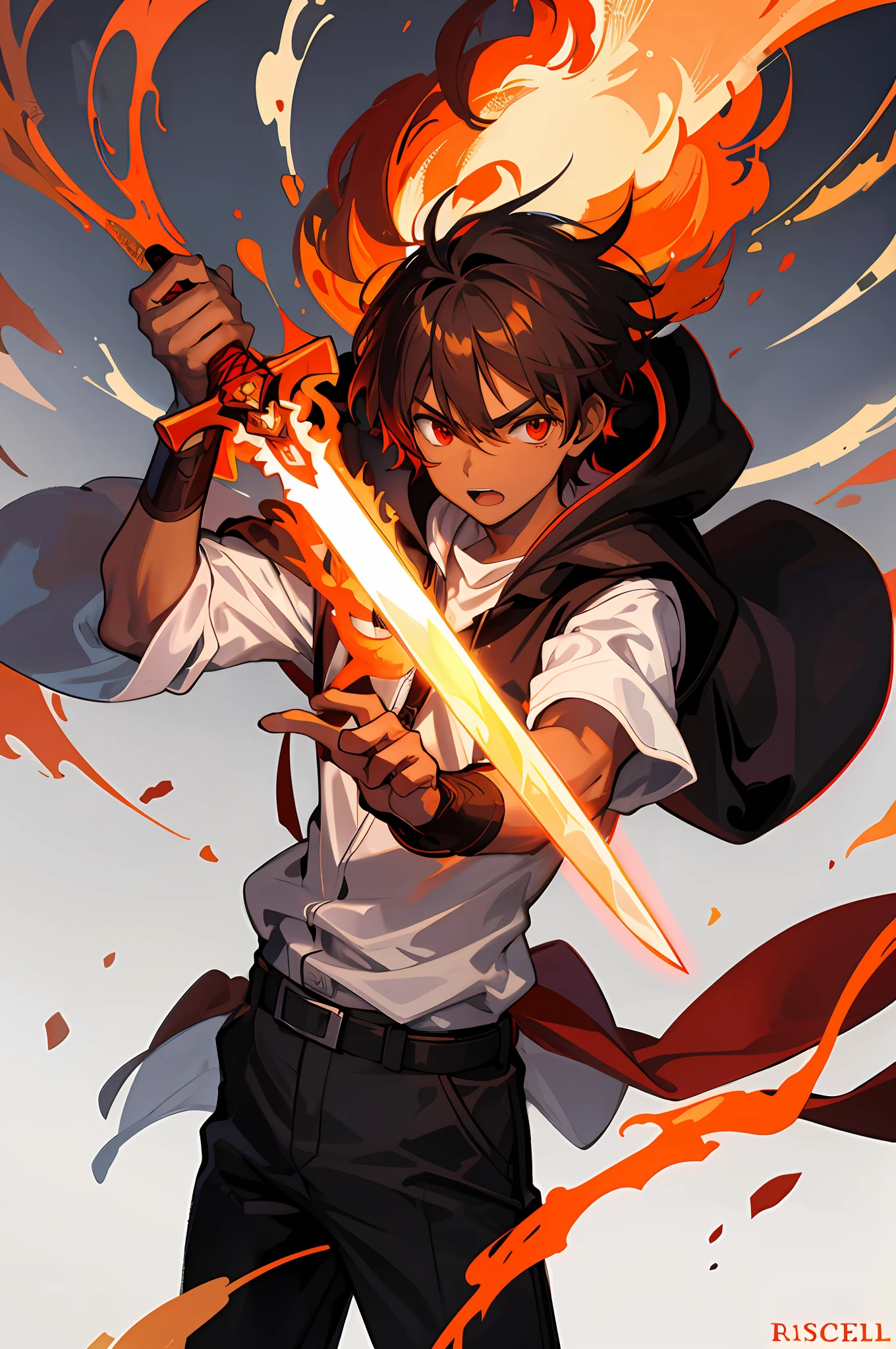 1boy, orange cebel, red eyes, hood, brown skin color, holding a sword, fire magic, brave expression, scenery with the sun behind