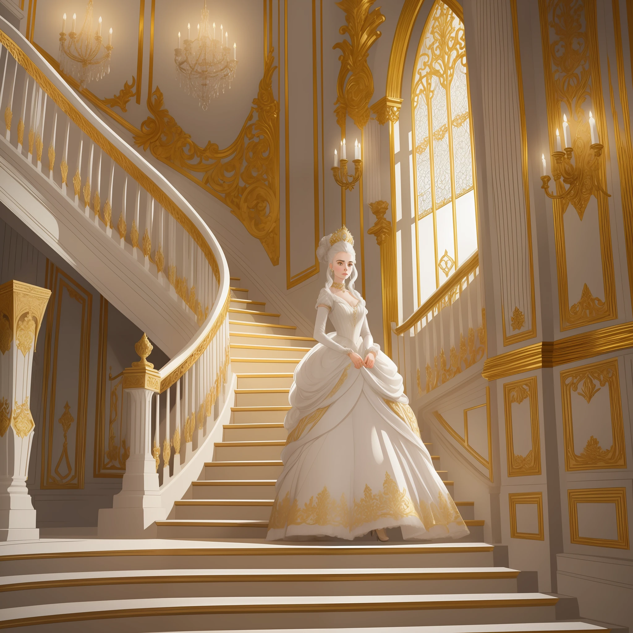 Lily Collins with white hair with Marie Antoinette hairstyle, wearing a super detailed golden long sleeve dress and gloves, diamond tiara, coming down the stairs from inside a palace in the hall where a costume ball with several ladies and knights takes place illustration is detailed, soft and bright, art by Stjepan Sejic