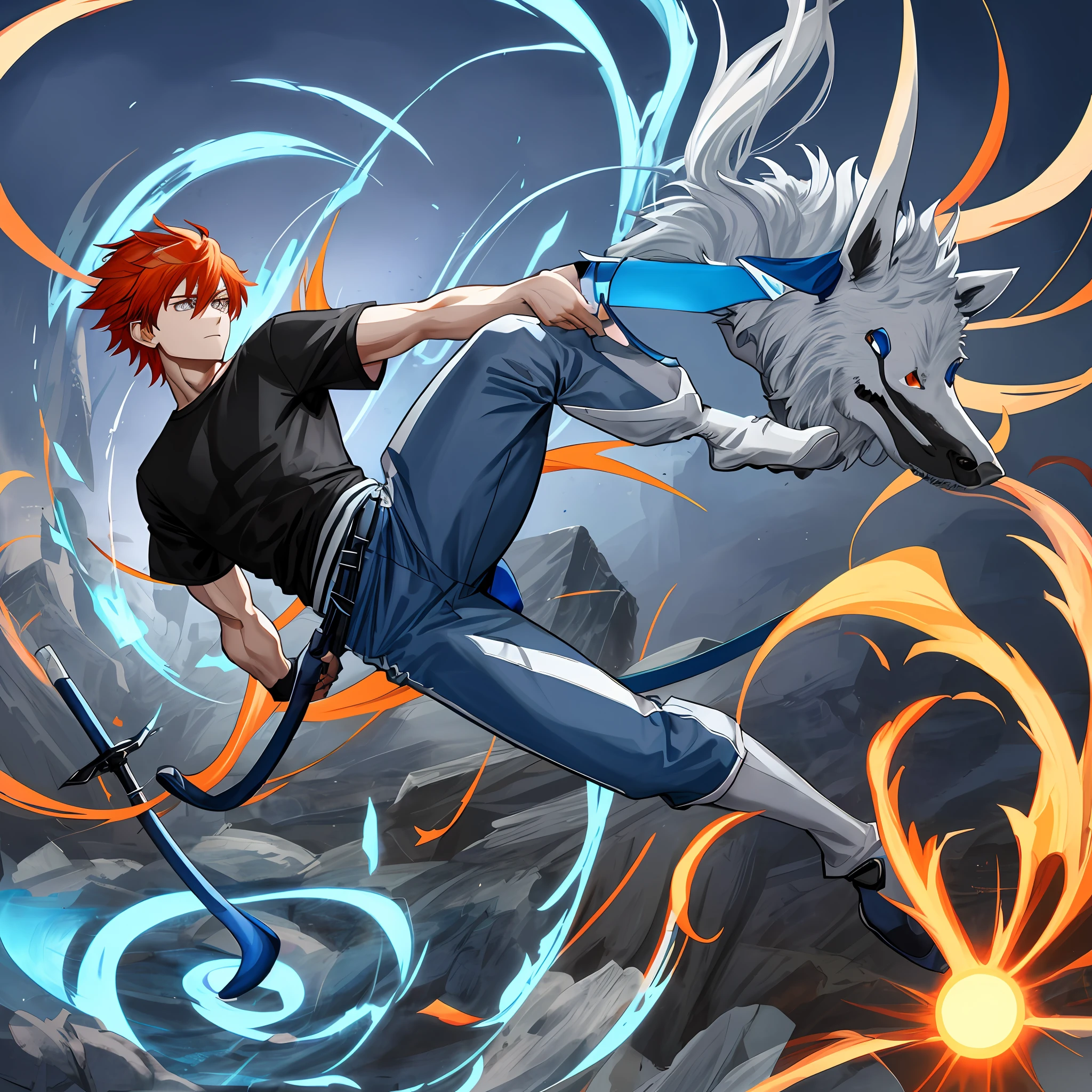 🔹 Appearance Description: Sun Sun has orange red hair and tail, eyes black as night and a height of 1.85m. His body is athletic and toned due to his martial arts training.
🔹 Clothing Description: He wears a black sticky shirt, blue boots with white, blue-gray pants and a blue munhequeira. Its tail is wrapped around its waist.