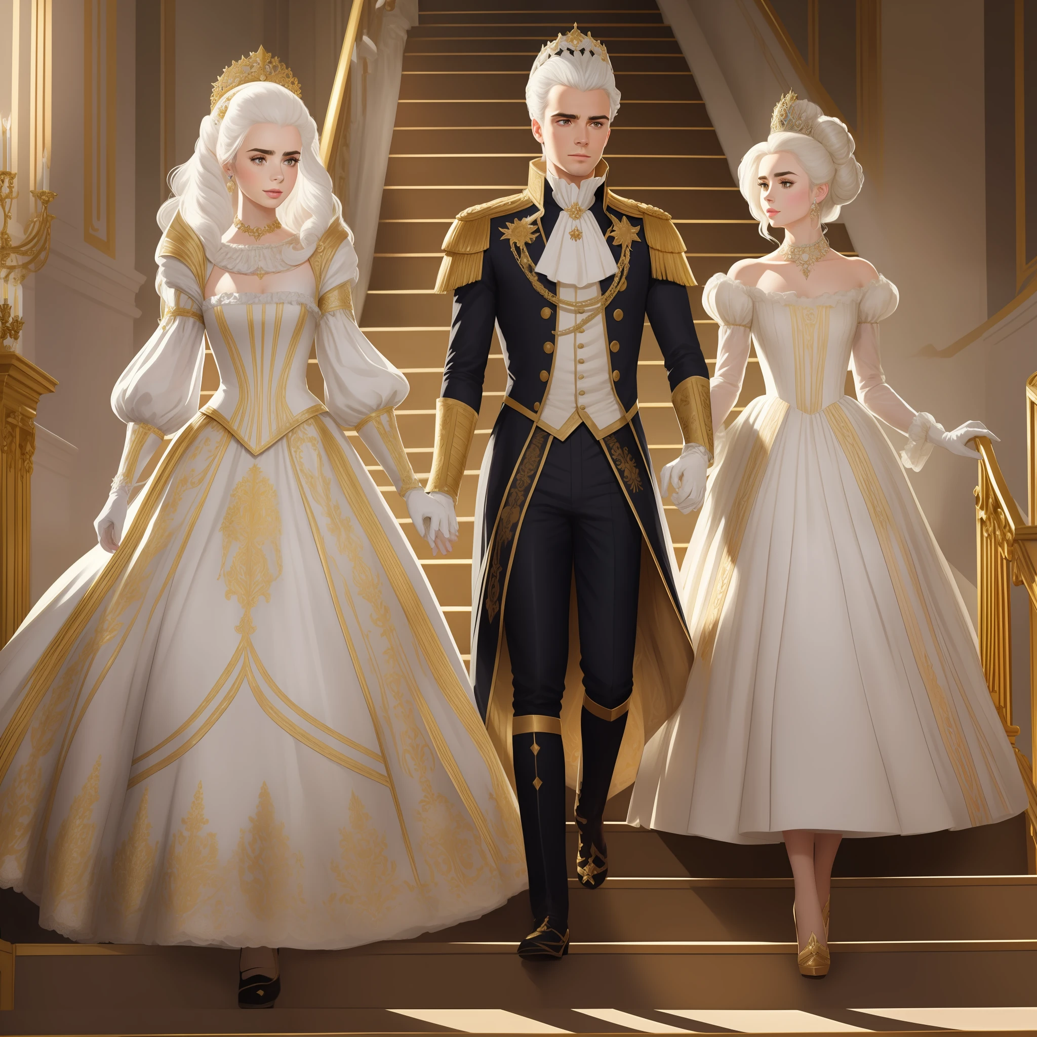 Lily Collins with white hair with Marie Antoinette hairstyle, wearing a super detailed golden long sleeve dress and gloves, diamond tiara, coming down the stairs from inside a palace in the hall where a costume ball with several ladies and knights takes place illustration is detailed, soft and bright, art by Stjepan Sejic