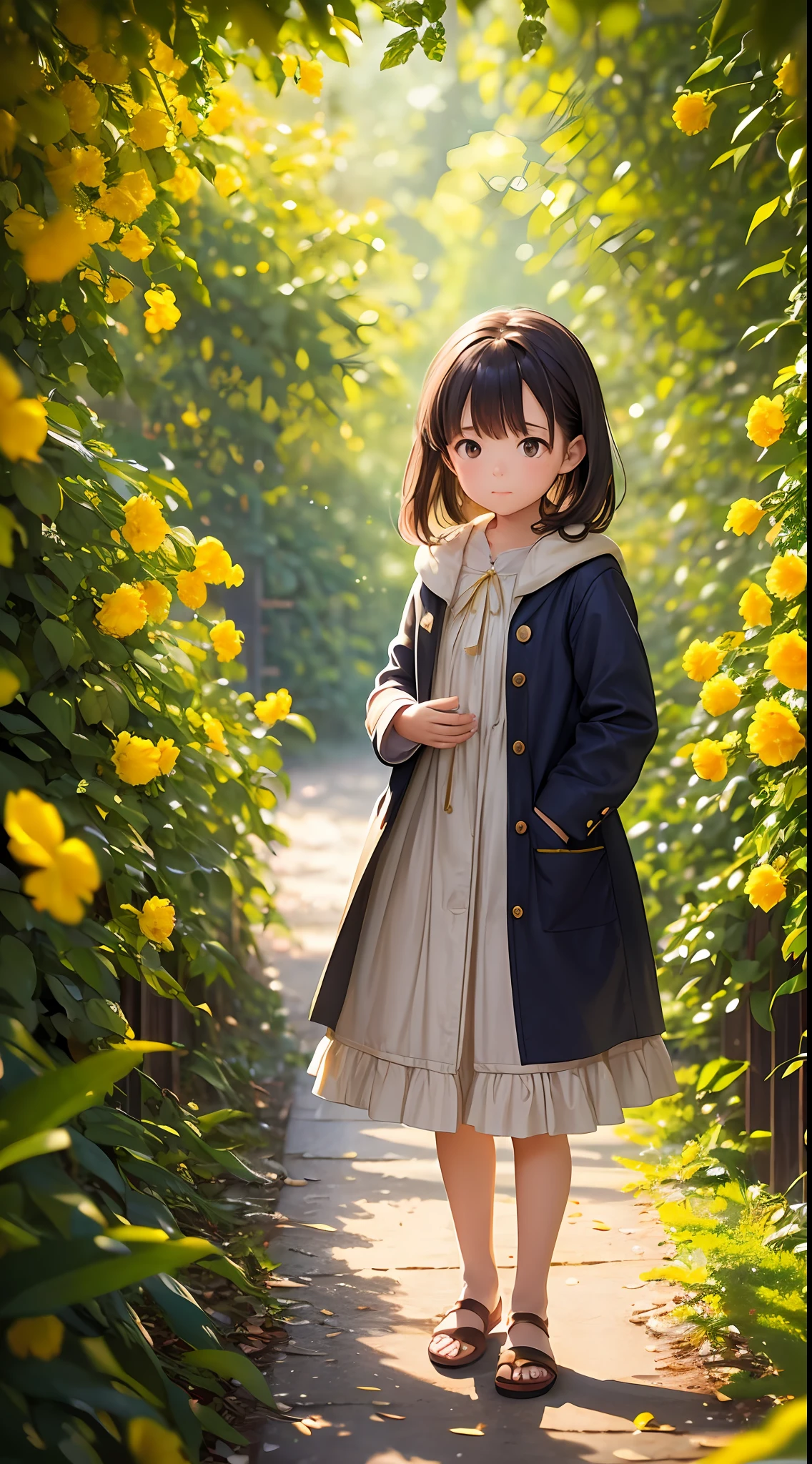 A serene image capturing a little girl with her hands in her pockets, waiting for her mother to come home. The warm, golden sunlight filters through the leaves overhead, casting dappled hues on the child and illuminating the scene. The background features a flowing, brightly colored dappled atmosphere, with golden flowers and ferns framing the silhouette of a house with soft, golden lights. soft focus, telephoto lens, warm color palette --auto --s2