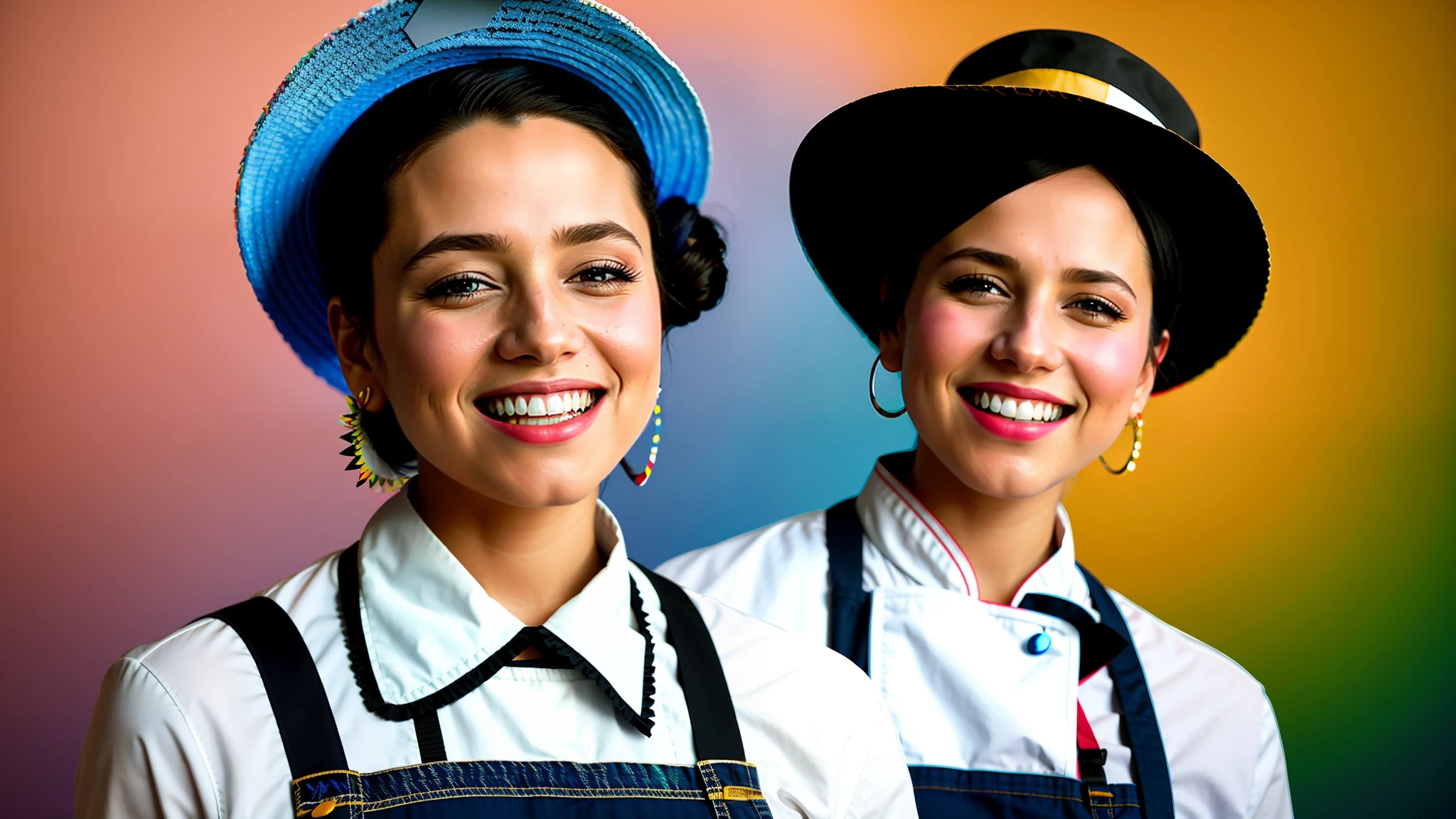 Best quality, realistic, award-winning illustration, (tricky detail: 1.2), (fine detail), (tricky detail), (cinematic lights, best quality), sharp lines, sharp focus, official artwork, 16k, A couple, A beautiful woman next to a man with a smiling face, wearing straw hat, wearing June party hat, June parties, white graffiti splash background, a beautiful young chef, Wearing black apron with colorful blouse emblazoned in June party colors, wearing jeans, medium black hair, holding a large can of delicious candy, creamy candy splash, colorful paper flags in the background, character design by George Lucas style, white background.
