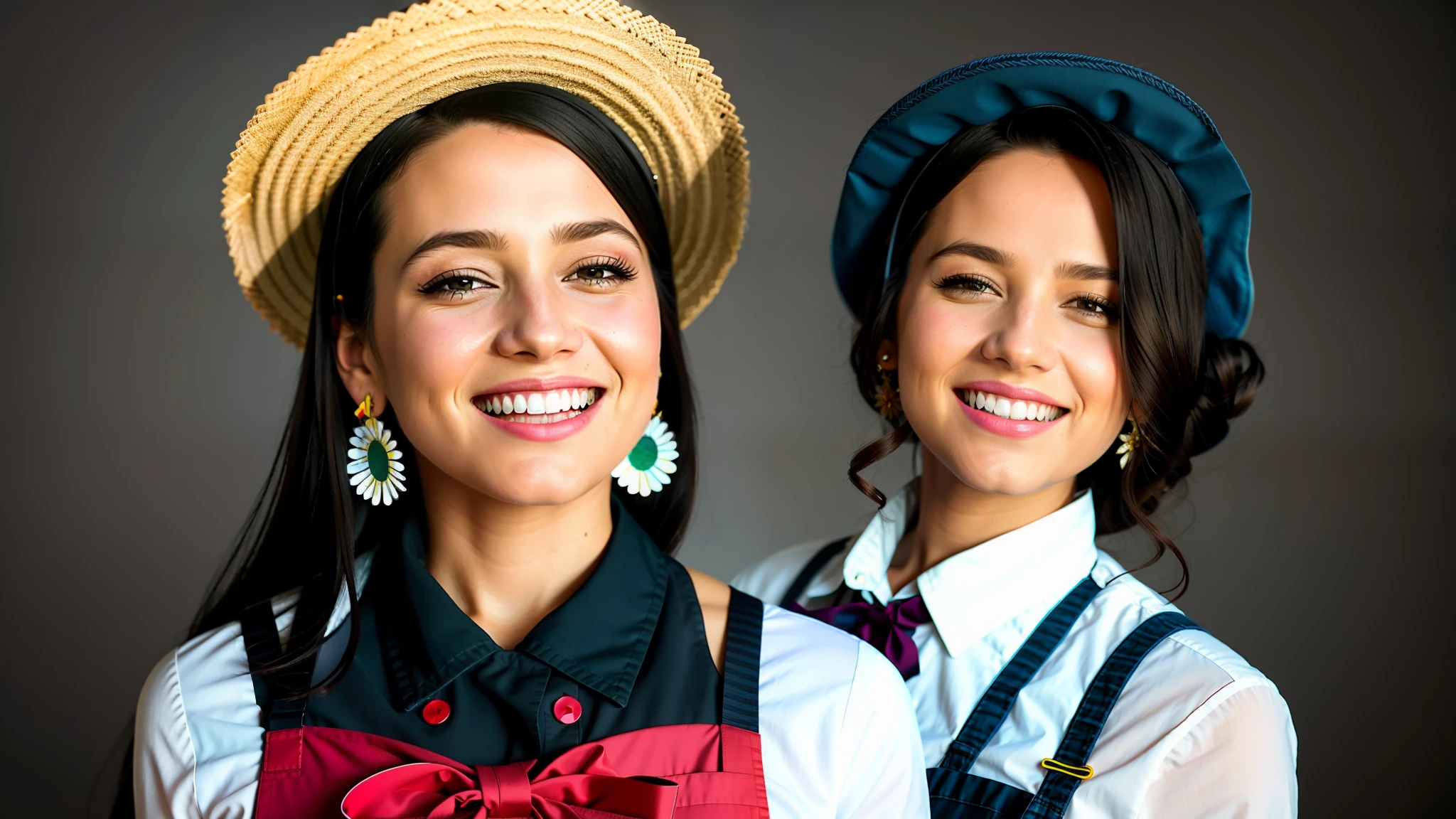 Best quality, realistic, award-winning illustration, (tricky detail: 1.2), (fine detail), (tricky detail), (cinematic lights, best quality), sharp lines, sharp focus, official artwork, 16k, A couple, A beautiful woman next to a man with a smiling face, wearing straw hat, wearing June party hat, June parties, white graffiti splash background, a beautiful young chef, Wearing black apron with colorful blouse emblazoned in June party colors, wearing jeans, medium black hair, holding a large can of delicious candy, creamy candy splash, colorful paper flags in the background, character design by George Lucas style, white background.