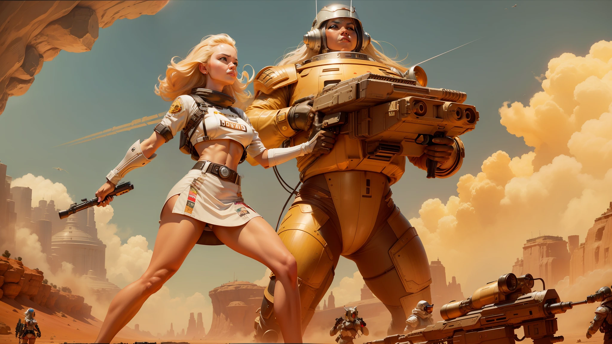 arafed image of a woman in a futuristic space suit holding guns, inspired by Stevan Dohanos, the sun up on the sky is strong, wearing crop top and miniskirt, promotional movie poster, reduce character duplication, a sexy blonde warrior, oompa loompa virus, cinemascope, heavy metal artwork, matriarchy --ar 16:9 --v 5.1