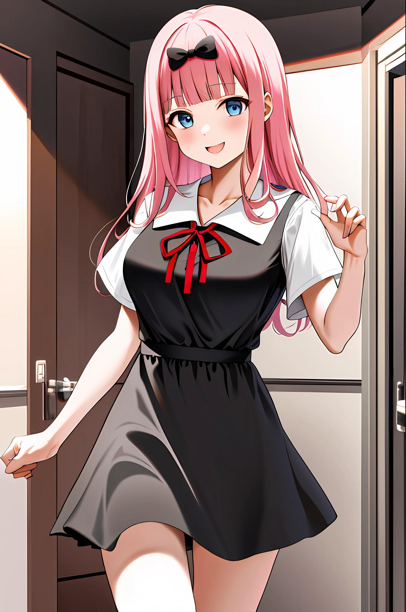 masterpiece, best quality, highres, chika1, fujiwara chika, school uniform, black bow,  black dress, breasts, red ribbon, short sleeves, white shirt, blunt bangs, neck ribbon, collarbone, collared dress, large breasts, cowboy shot, smile, indoors, sexy pose, breast out,