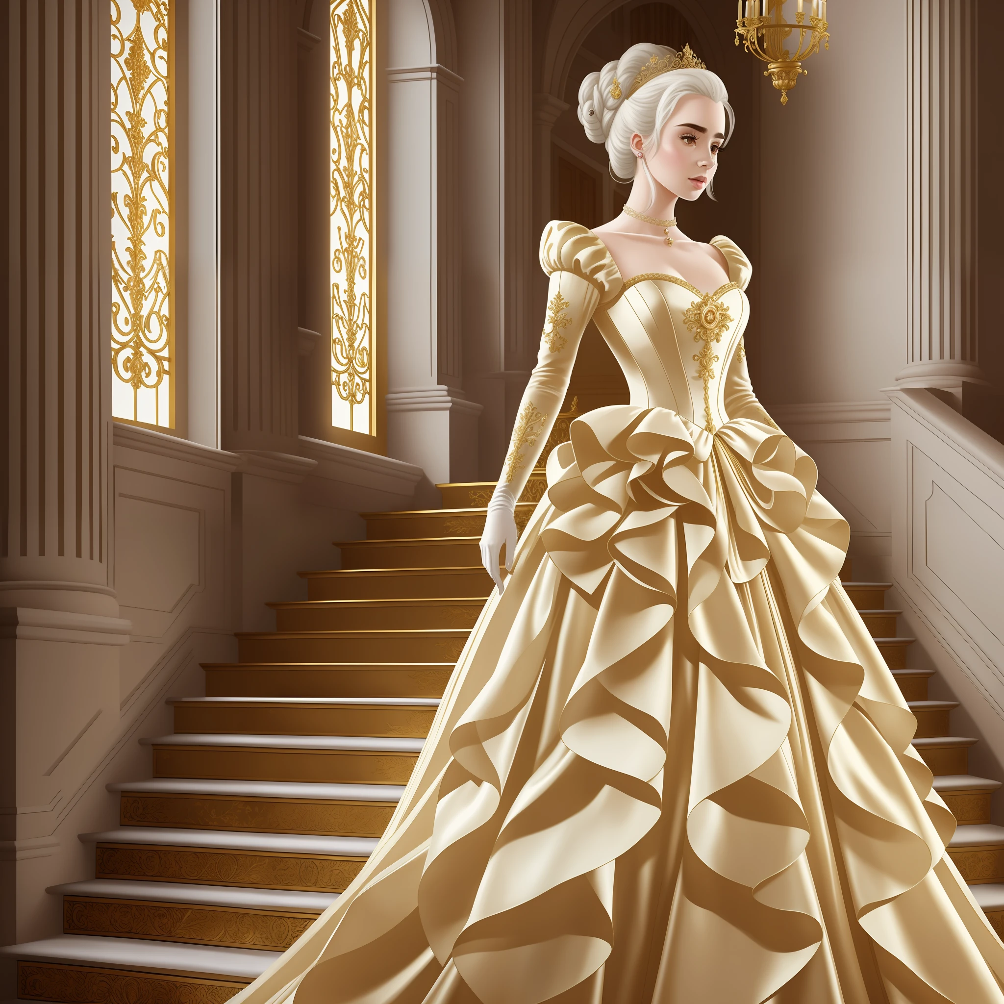 Lily Collins with white hair with Marie Antoinette hairstyle, wearing a super detailed golden long sleeve dress and gloves, diamond tiara, coming down the stairs from inside a palace in the hall where a costume ball with various ladies and knights takes place illustration is detailed, smooth and bright, art by Citemer Liu