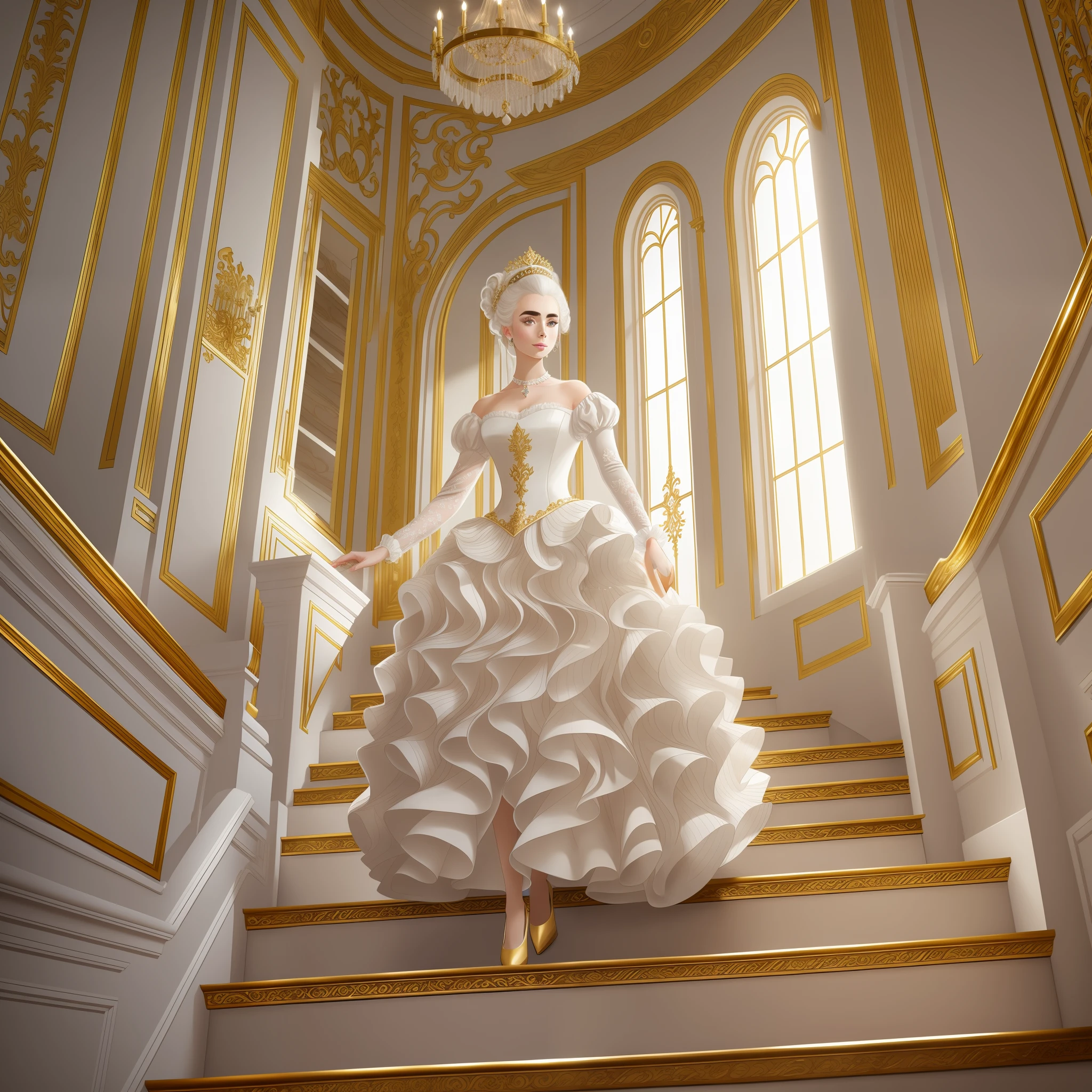 Lily Collins with white hair with Marie Antoinette hairstyle, wearing a super detailed golden long sleeve dress and gloves, diamond tiara, coming down the stairs from inside a palace in the hall where a costume ball with various ladies and knights takes place illustration is detailed, smooth and bright, art by Citemer Liu