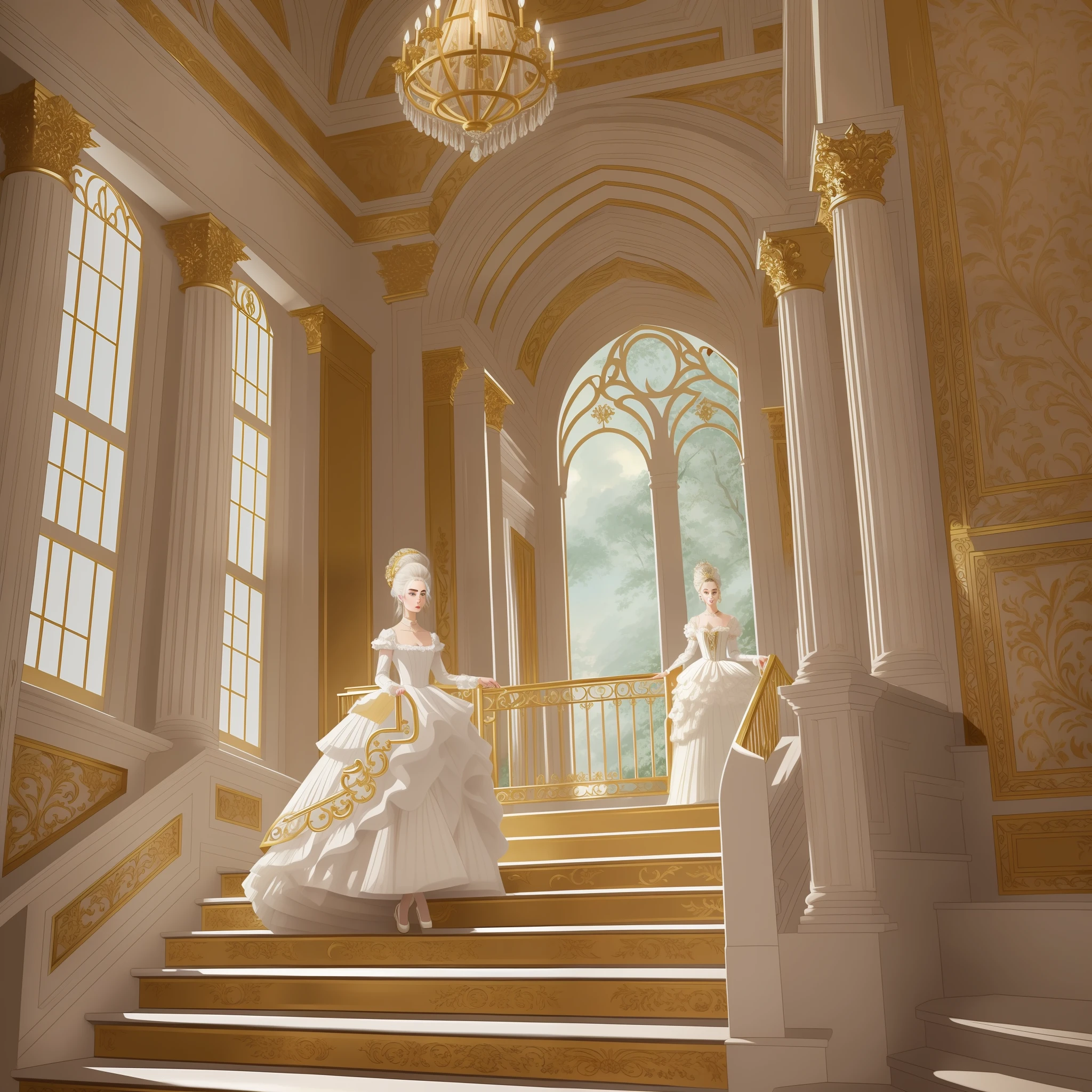 Lily Collins with white hair with Marie Antoinette hairstyle, wearing a super detailed golden long sleeve dress and gloves, diamond tiara, coming down the stairs from inside a palace in the hall where a costume ball with various ladies and knights takes place illustration is detailed, smooth and bright, art by Citemer Liu
