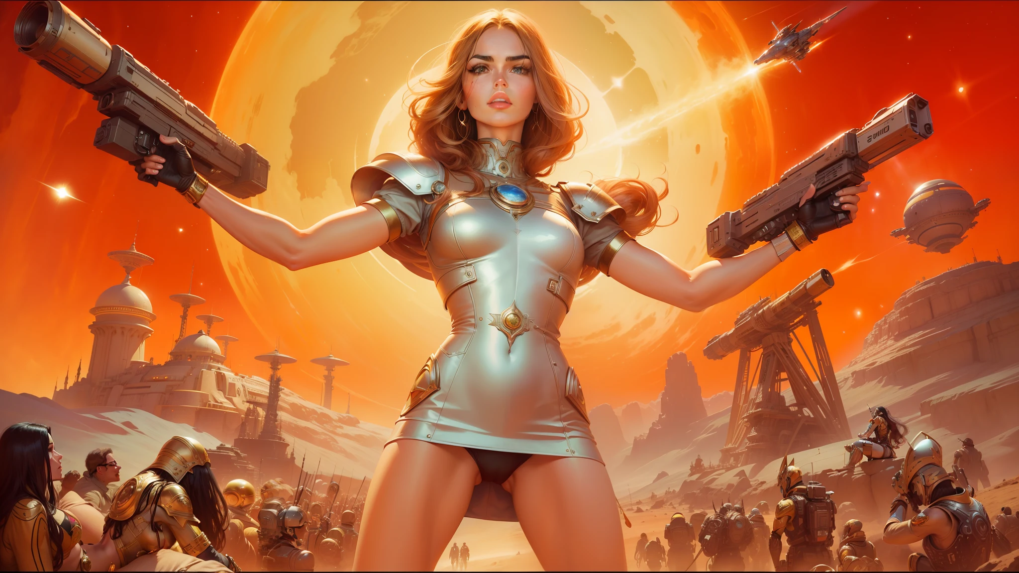 arafed image of a woman in a futuristic space setting, drew struzan tomasz alen kopera, portrait of megan fox as a queen, moebius starwatcher comic, cinemascope panorama, esteban maroto, golden goddess athena, björk, 1980s computer graphics, from a 2 0 1 9 sci fi 8 k movie --ar 16:9 --v 5.1