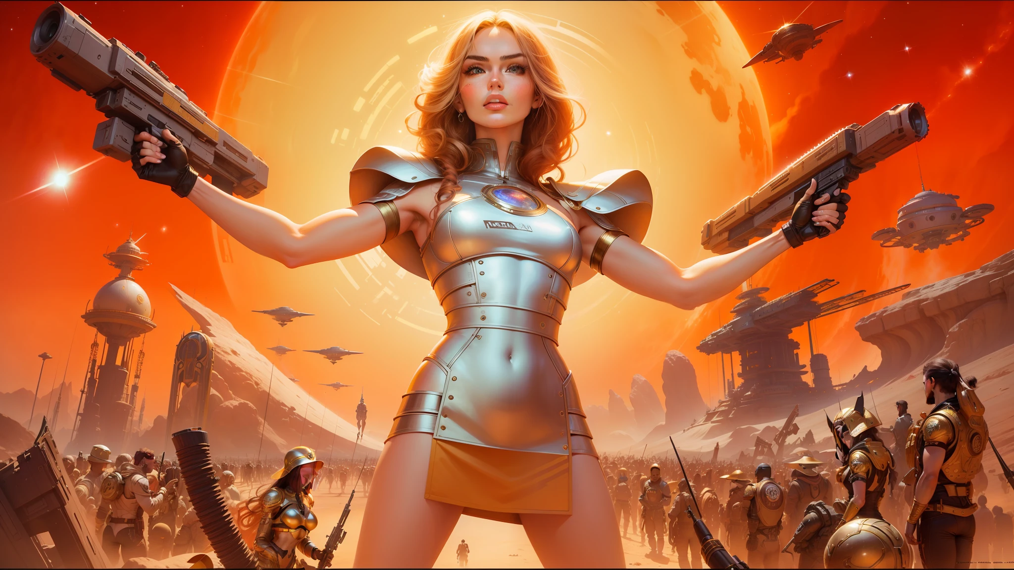 arafed image of a woman in a futuristic space setting, drew struzan tomasz alen kopera, portrait of megan fox as a queen, moebius starwatcher comic, cinemascope panorama, esteban maroto, golden goddess athena, björk, 1980s computer graphics, from a 2 0 1 9 sci fi 8 k movie --ar 16:9 --v 5.1