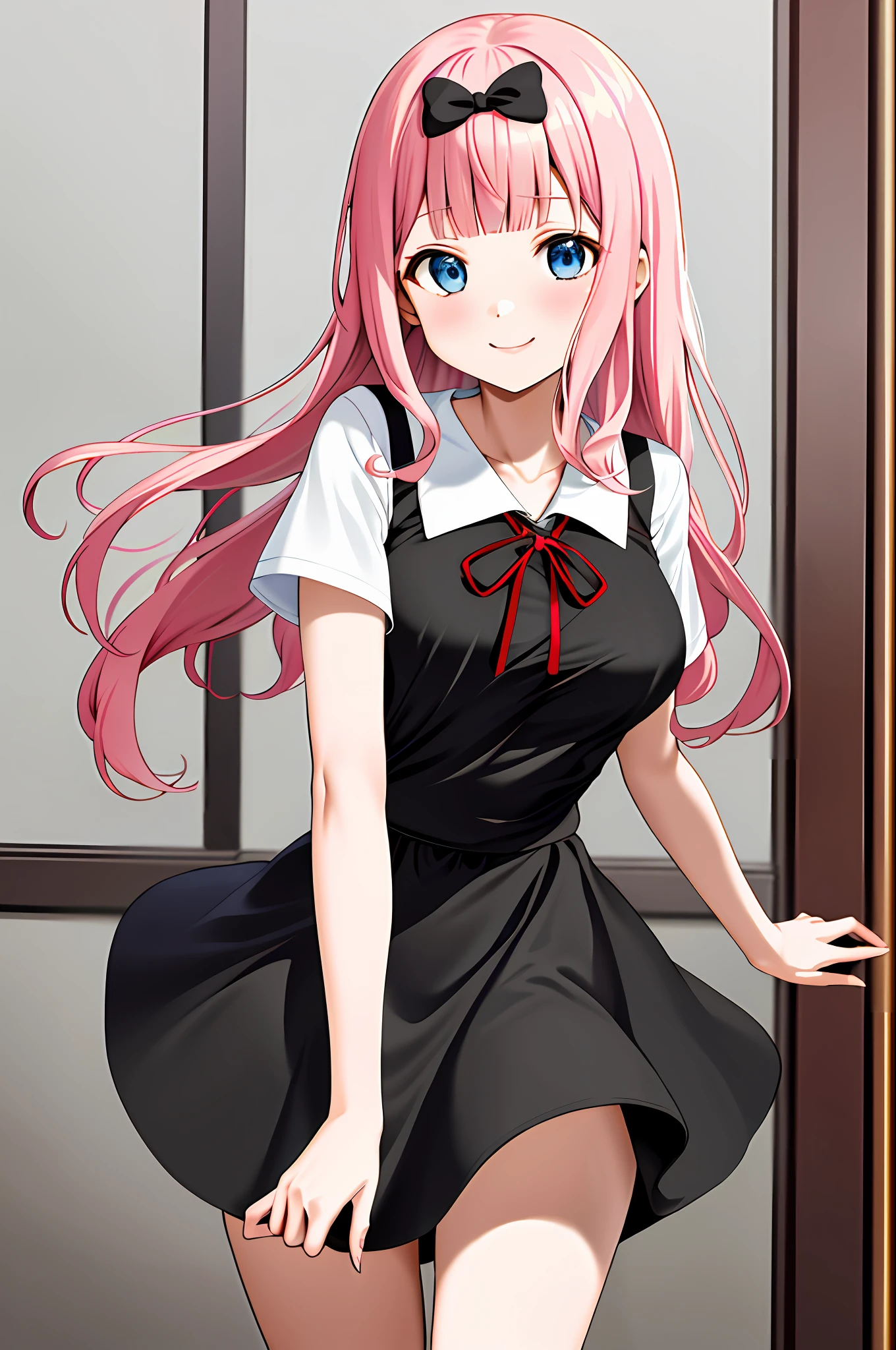 masterpiece, best quality, highres, chika1, fujiwara chika, school uniform, black bow,  black dress, breasts, red ribbon, short sleeves, white shirt, blunt bangs, neck ribbon, collarbone, collared dress, large breasts, cowboy shot, smile, indoors, sexy pose, breast out, 2 arms, perfect finger,