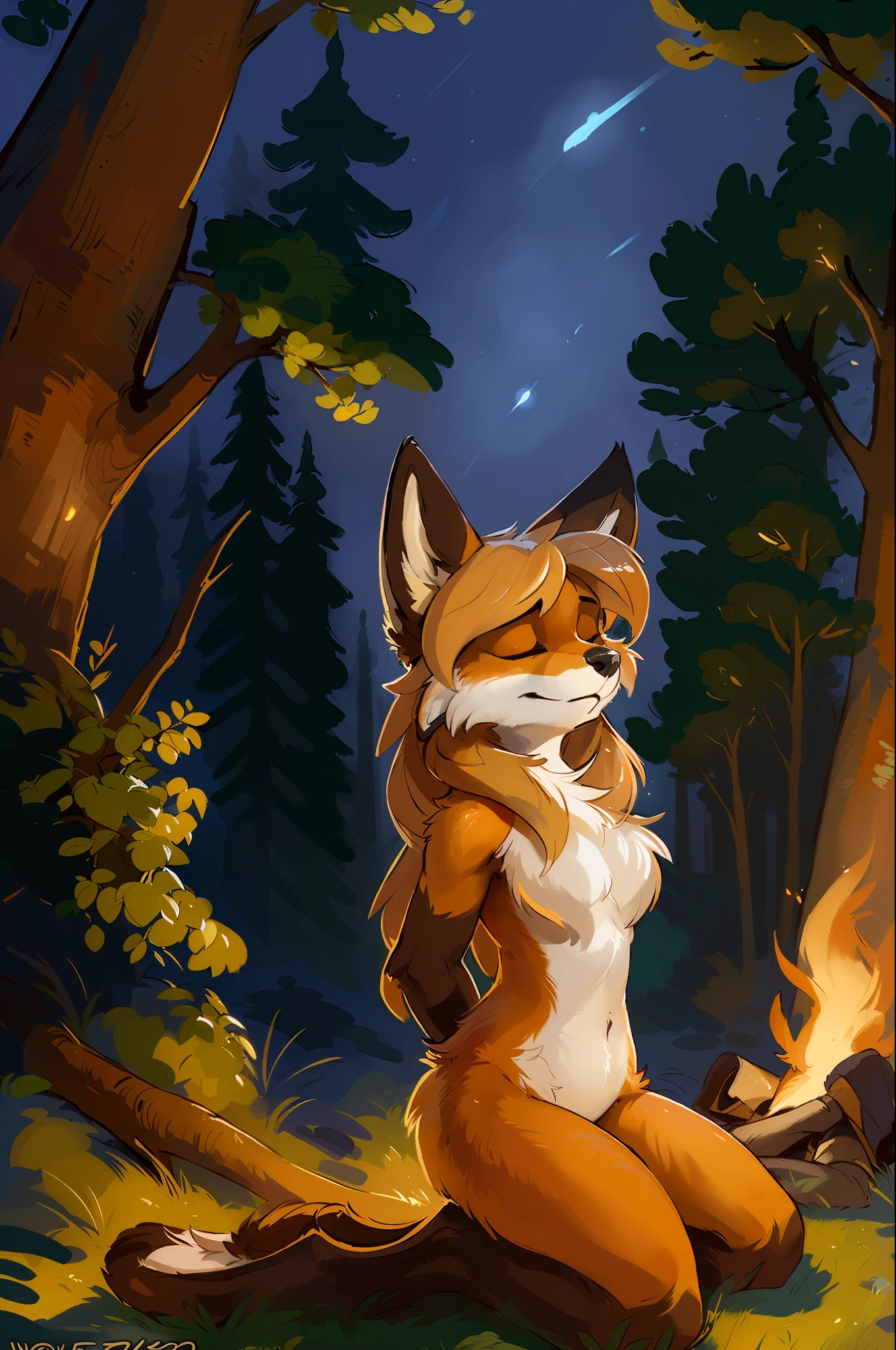 averi, fox girl, big chest, forest, relaxed body, night, suggestive pose, sexy, sensual, detailed, uploaded to e621, beautiful and detailed portrait of a (((female))) anthropomorphic vixen, kenket, Ross Tran,ruan jia, uploaded to e621, zaush, foxovh, cinematic lighting, kneeling, tired eyes, tired, exhausted, campfire, arms tied, native, indigenous, blindfolded