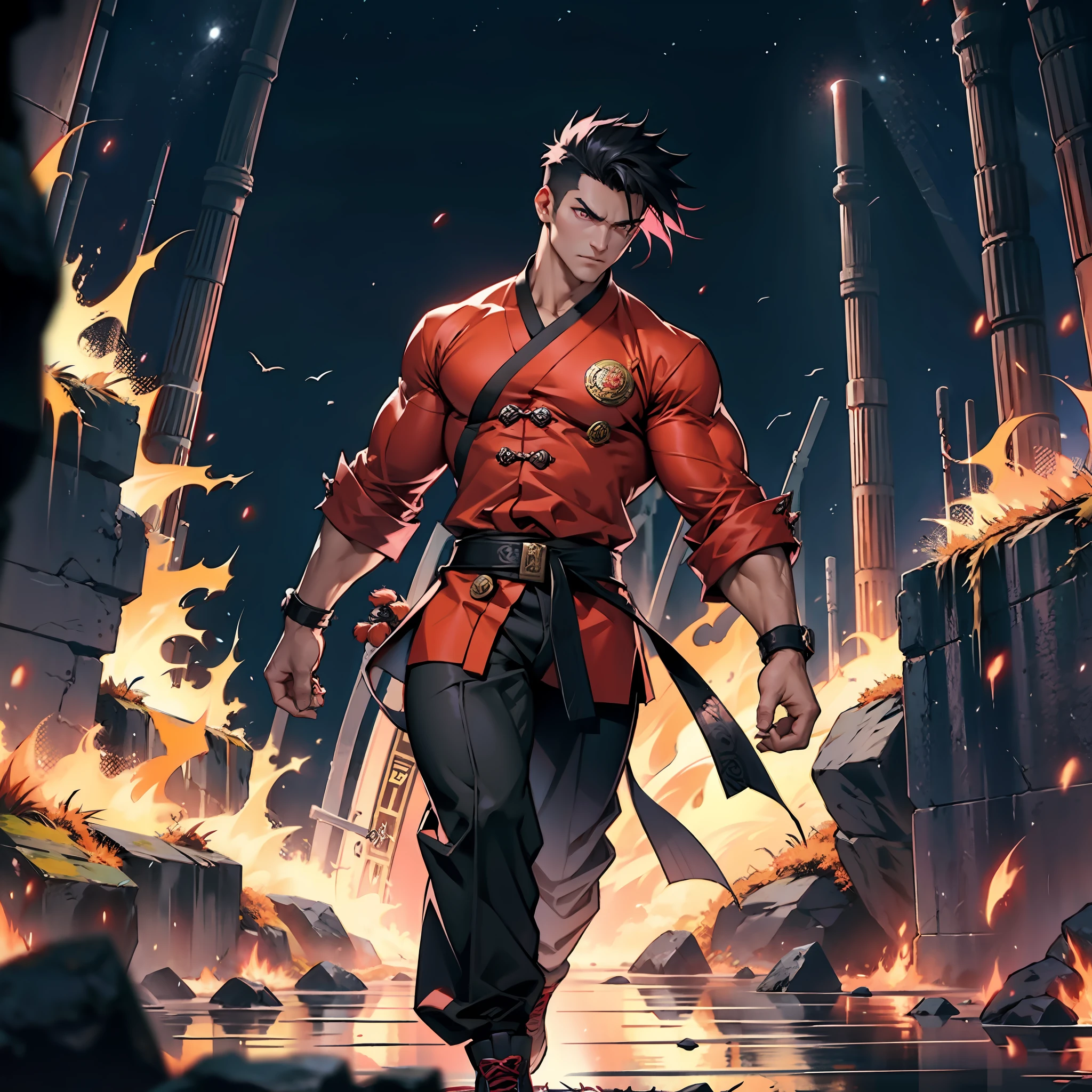 Muscular man, defined body, developed body, kung fu fighter, red blouse with buttons, long black pants of black color, black belt at the waist, spiky hair, short hair of black color (hair with pink locks at the ends), fighter's shoes, serious look, orange colored eyes, ancient kingdom, near a crater, night scene, alone, walking on his back.