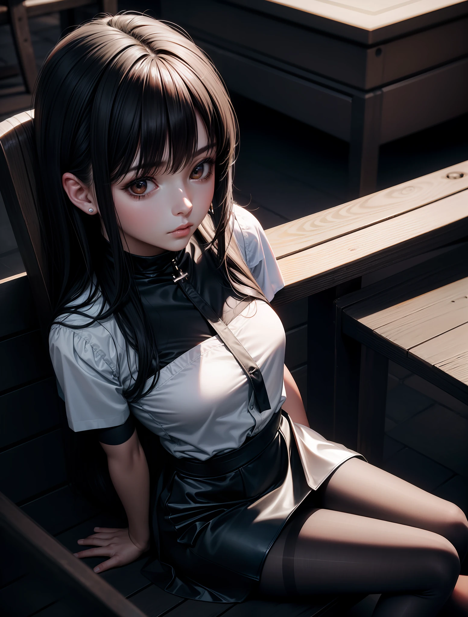 Superior Quality, Masterpiece, Ultra High Resolution, (Photorealistic: 1.4), Raw Photo, Deep Shadows, Girl sitting, cross-legged, bottom view, top, pantyhose, mini skirt, black hair, white eyes, close-up