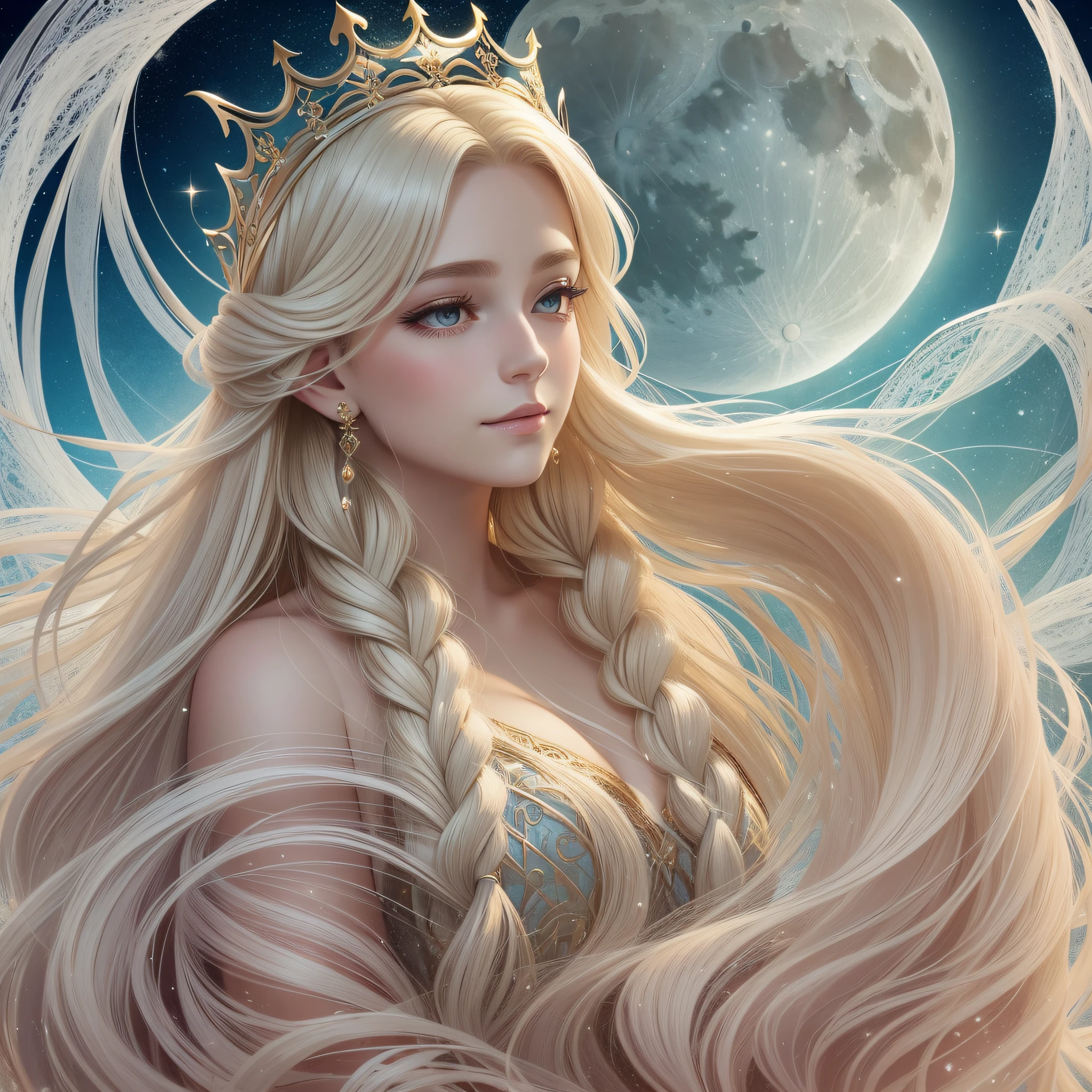 The swan princess from Russian mythology, a beautiful calm face, blonde long hair braided into a braid, the moon moon is woven into the hair on the back of her head, white shining clothes, a kokoshnik-crown on her head, an affectionate look, a half-smile, a gentle expression on her face, the background is a seascape and sunlight