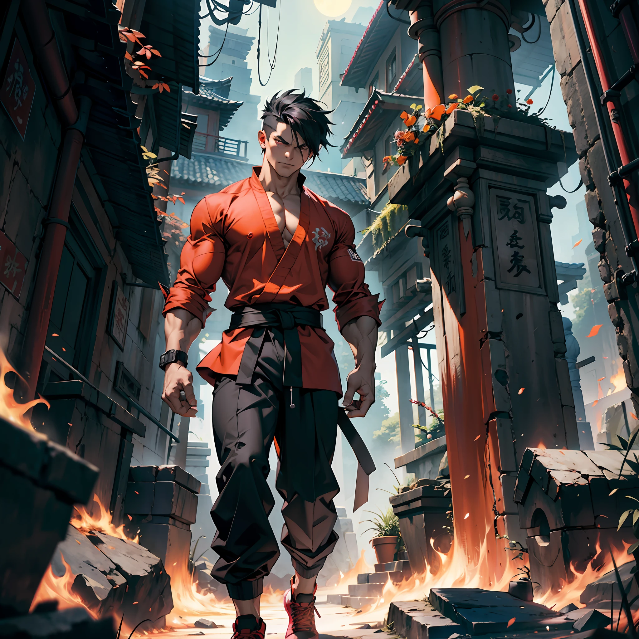Muscular man, defined body, developed body, kung fu fighter, red blouse with buttons, long black pants of black color, black belt at the waist, spiky hair, short hair of black color (hair with pink locks at the ends), fighter's shoes, serious look, orange colored eyes, ancient kingdom, near a crater, night scene, alone, walking on his back.