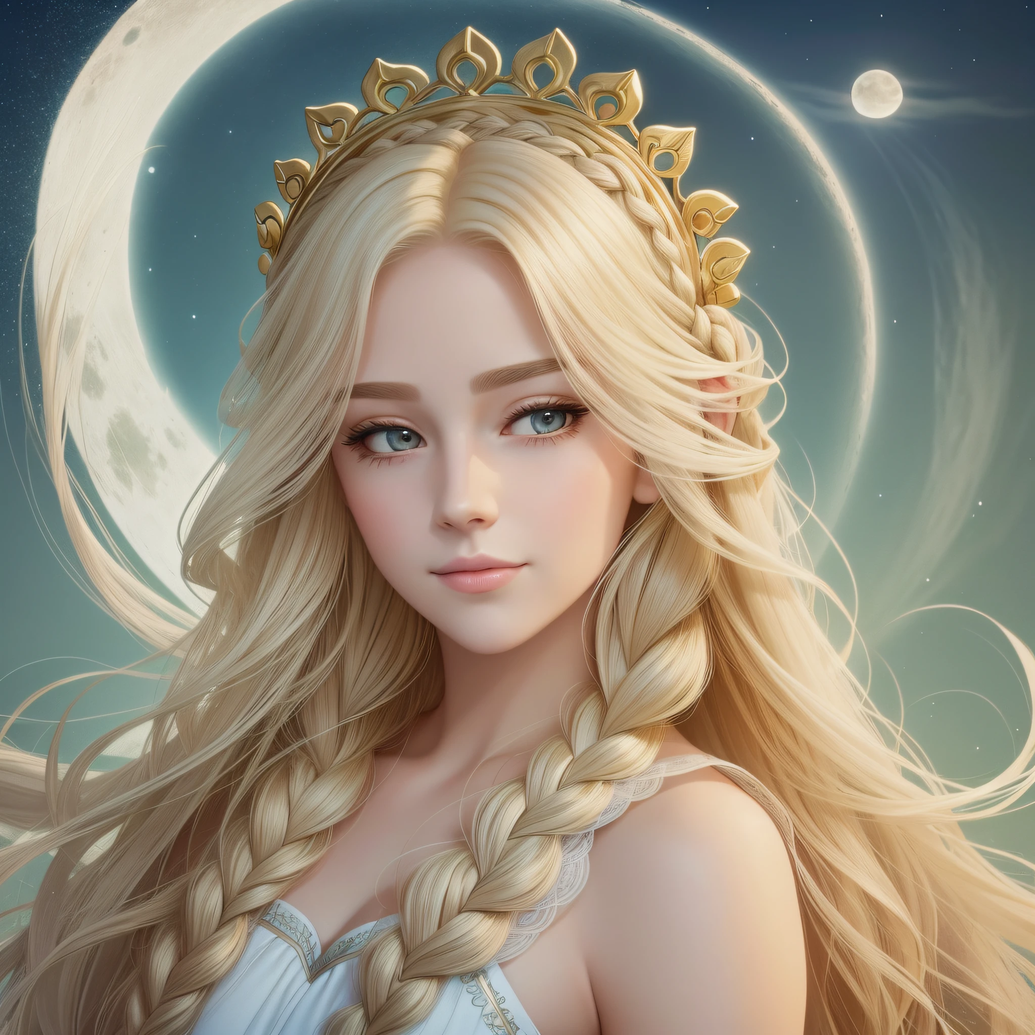 The swan princess from Russian mythology, a beautiful calm face, blonde long hair braided into a braid, the moon moon is woven into the hair on the back of her head, white shining clothes, a kokoshnik-crown on her head, an affectionate look, a half-smile, a gentle expression on her face, the background is a seascape and sunlight