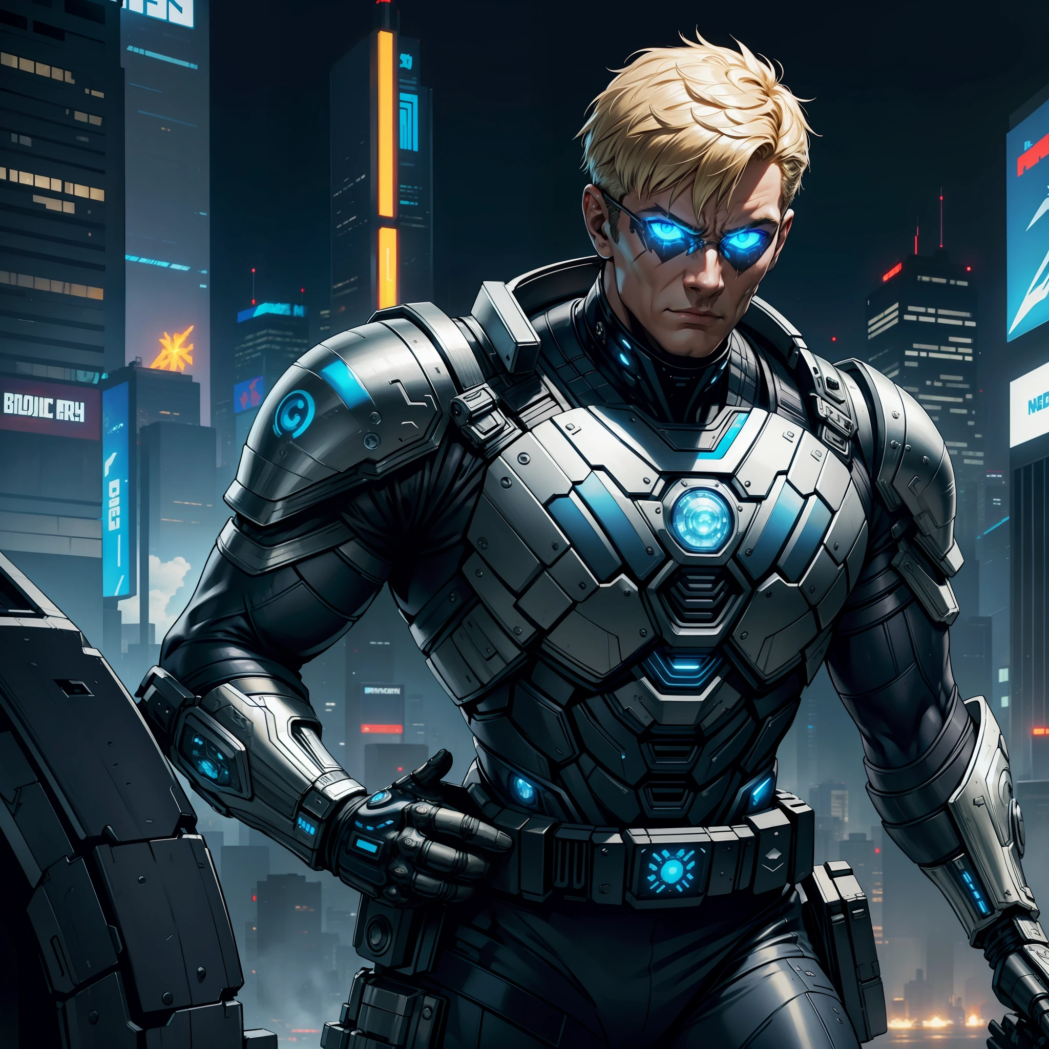 "(bioarmor symbiote eagle metallic blue and white cyberpunk:1) (1man) dark theme :: focus on face closeup, face Bradley Coopper, sarcastic face, ultra realistic futuristic cyberpunk strong short man jumping over cyberpunk buildings :: short blonde hair :: cool cybernetic eagle theme bioarmor :: eagle helm :: natural lighting :: bokeh :: 8k :: best quality :: masterpiece :: insanely detailed:1.5"