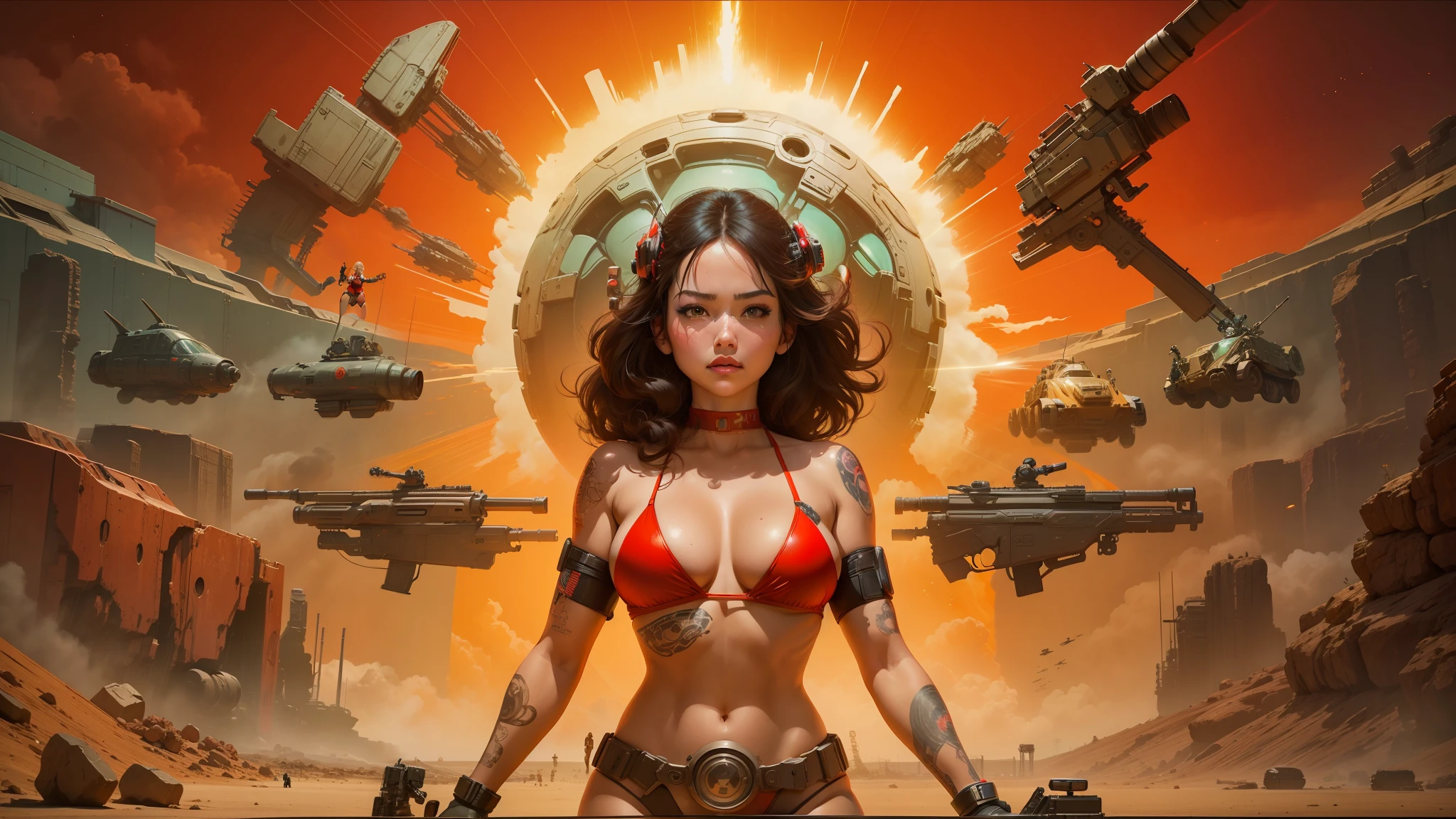 there is a woman in a bikini holding a gun in front of a giant robot, by Richard Estes, trending on artstaton, youtube thumbnail, deep sea diver, red planetoid exploding, atompunk, sfw huge breasts, venus effect, cinemascope, japanese pop surrealism --ar 16:9 --v 5.1