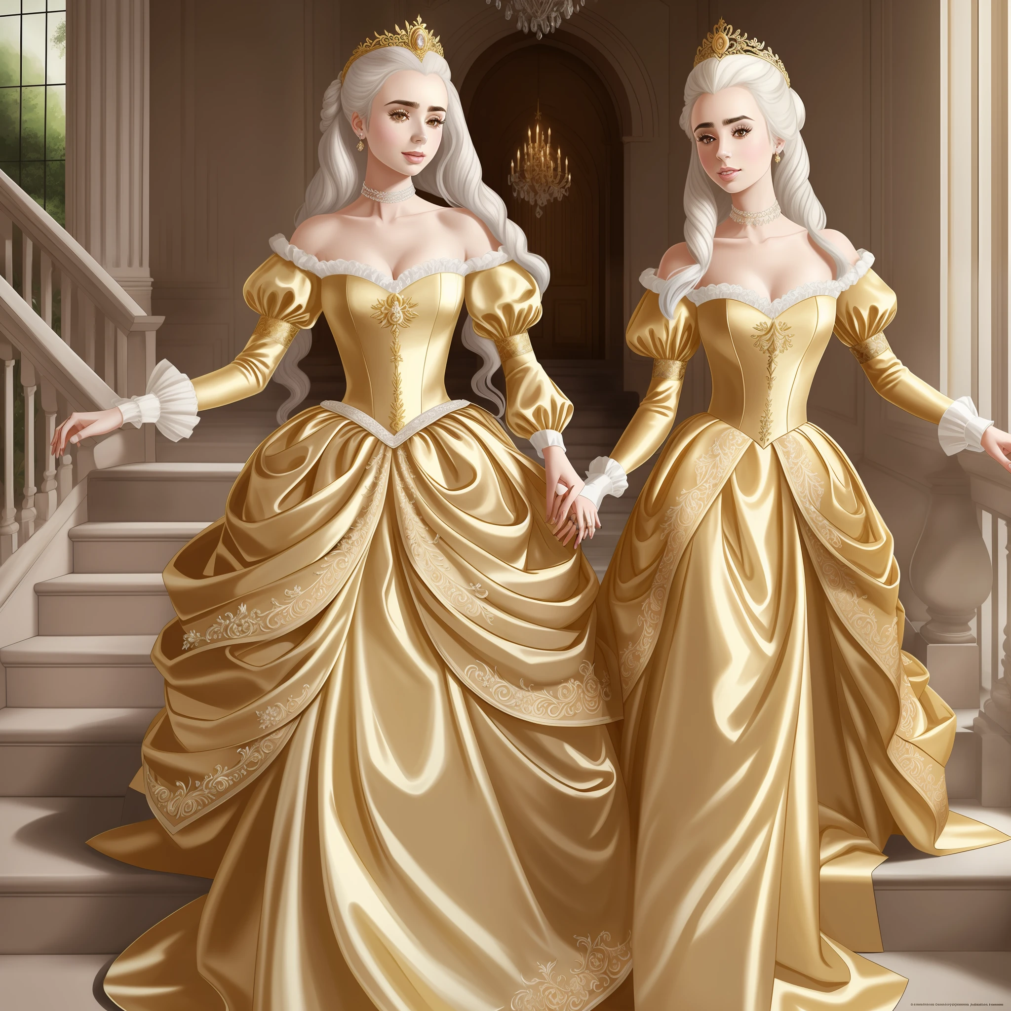 Lily Collins with white hair with Marie Antoinette hairstyle, wearing a super detailed golden long sleeve dress and gloves, diamond tiara, coming down the stairs from inside a palace in the hall where a costume ball with several ladies and knights takes place illustration is detailed, soft and bright, art by Stjepan Sejic