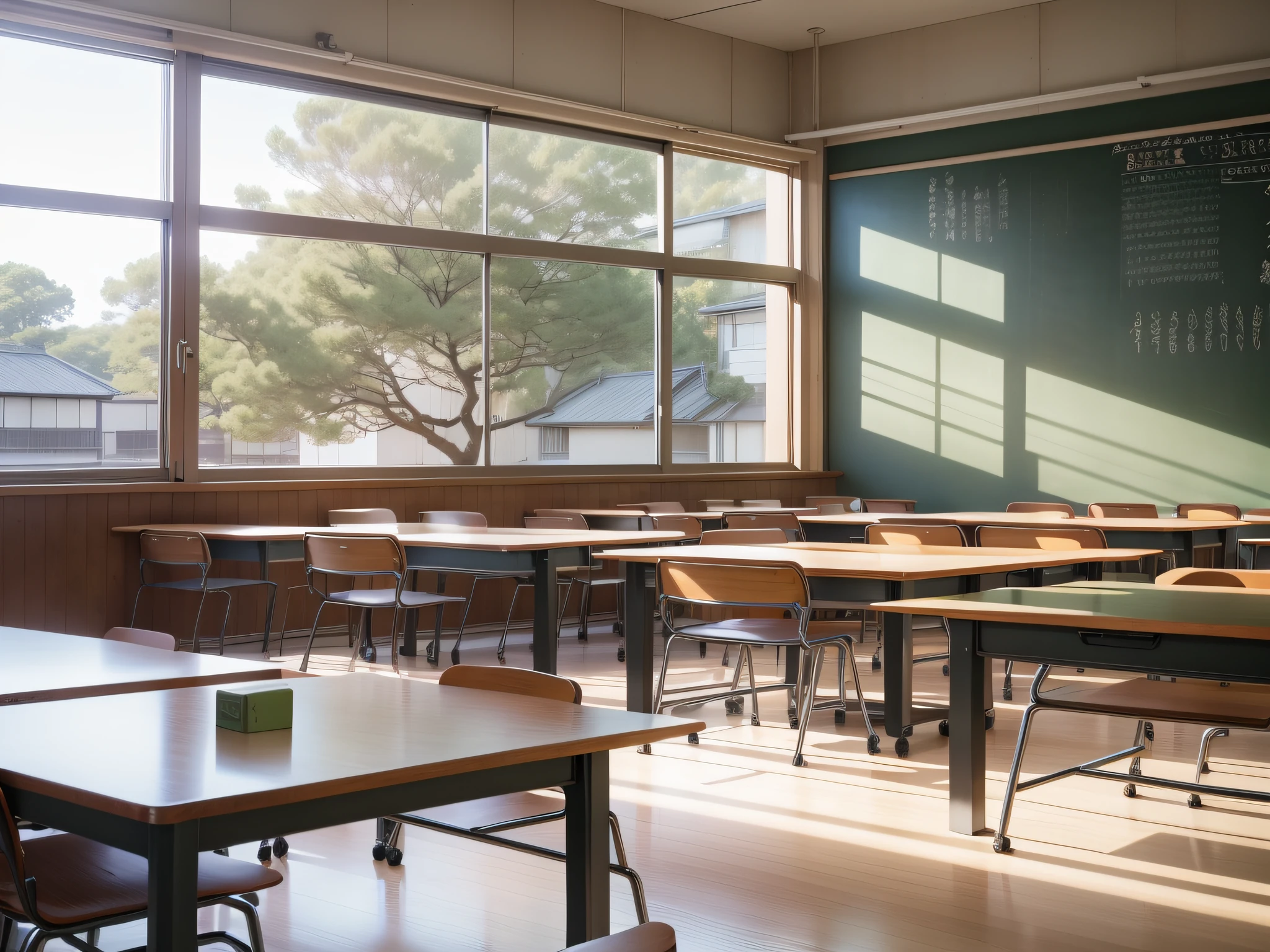 A study room, a classroom with large windows, tables, chairs and a blackboard for learning, bookshelves, a stack of notebooks on the teacher's desk, falling light in the morning, staggered Japanese school, books and notebooks, background
